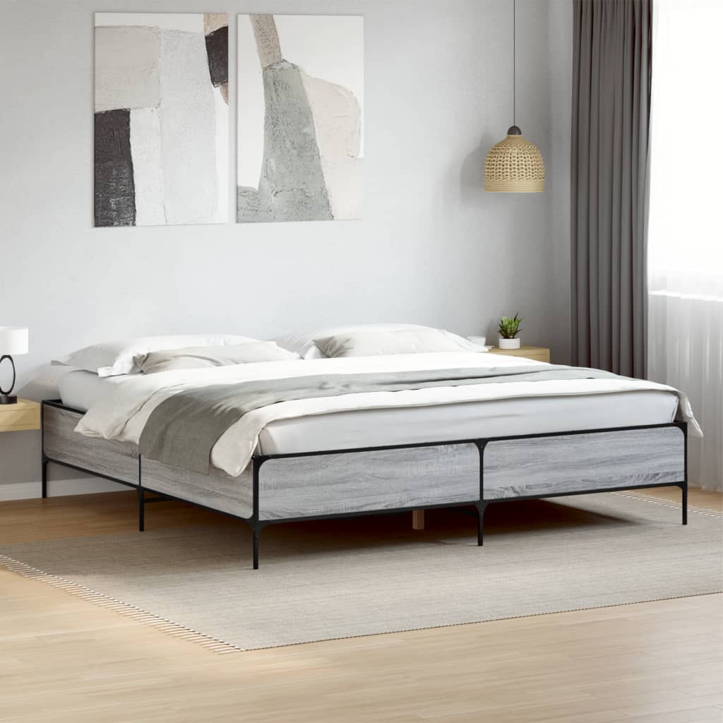 Image of Vidaxl Bed Frame, Bed With Metal Legs Chipboard Slats, Double Bed For Bedroom, Modern, Grey 180x200cm Wood Metal