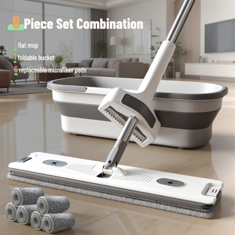 TEMU 40cm Flat Mop And Bucket Set With Wringer, Foldable Bucket For , Includes 6 Washable Microfiber Pads & Hook, Self-wringing Mop System For