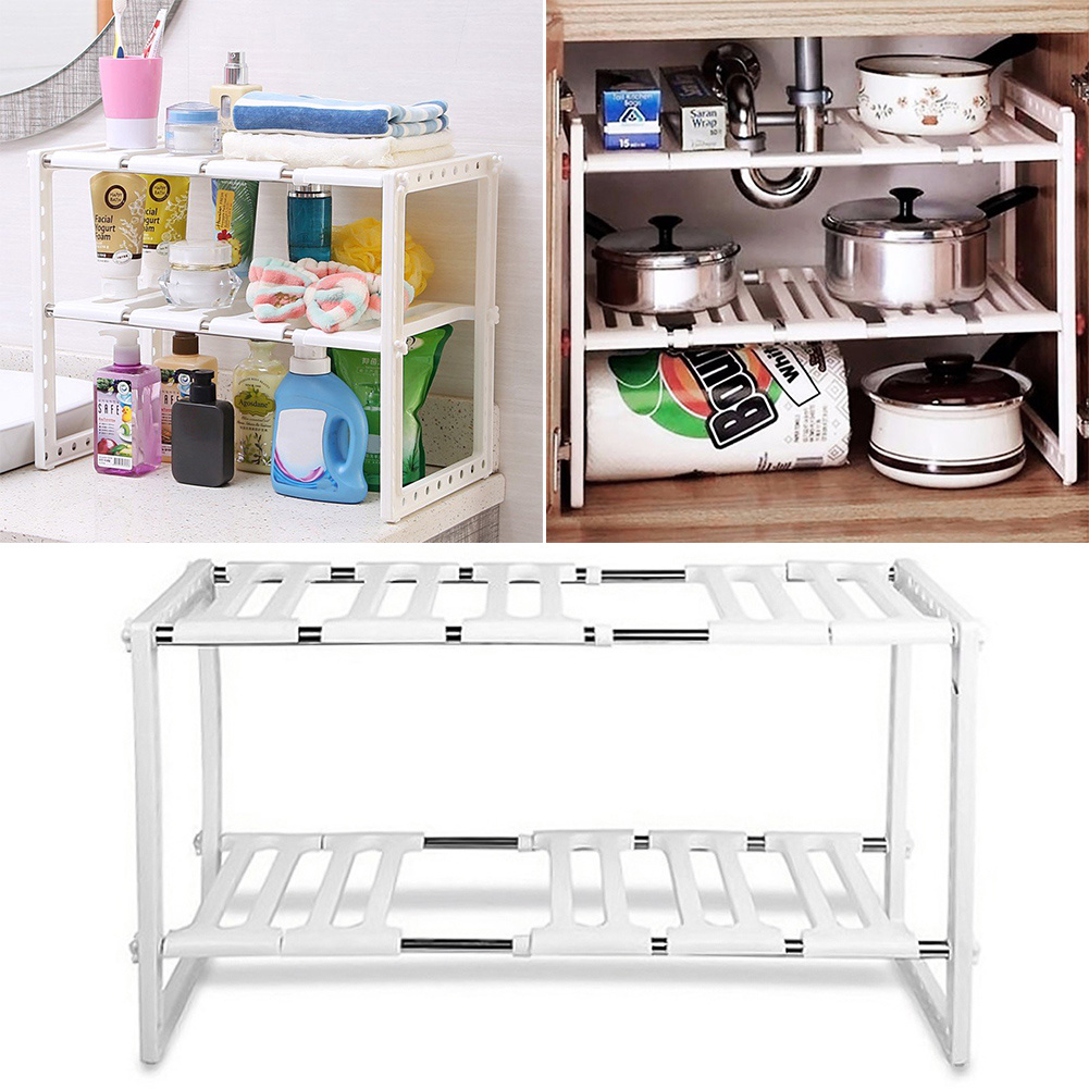 Expandable 2-tier Under-sink Organizer Rack, Plastic Adjustable Shelves Space For Pots Pans Cleaning Supplies In Kitchen Cabinet