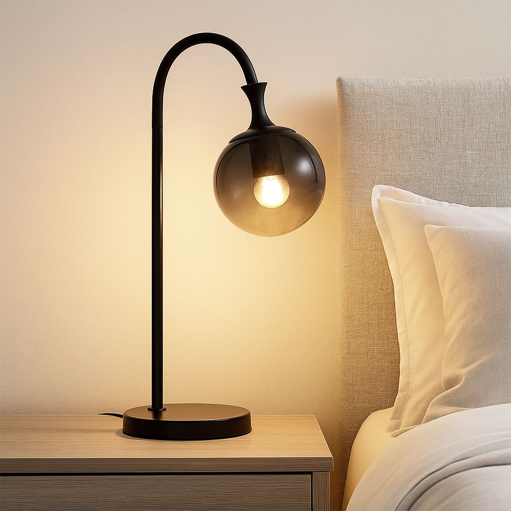 Image of Smoked Glass Table Lamp Sphere Side Lamp Black Living Room Lamp, Metal, 1x E27, Bxh 22.5 X 57.5 Cm, Without