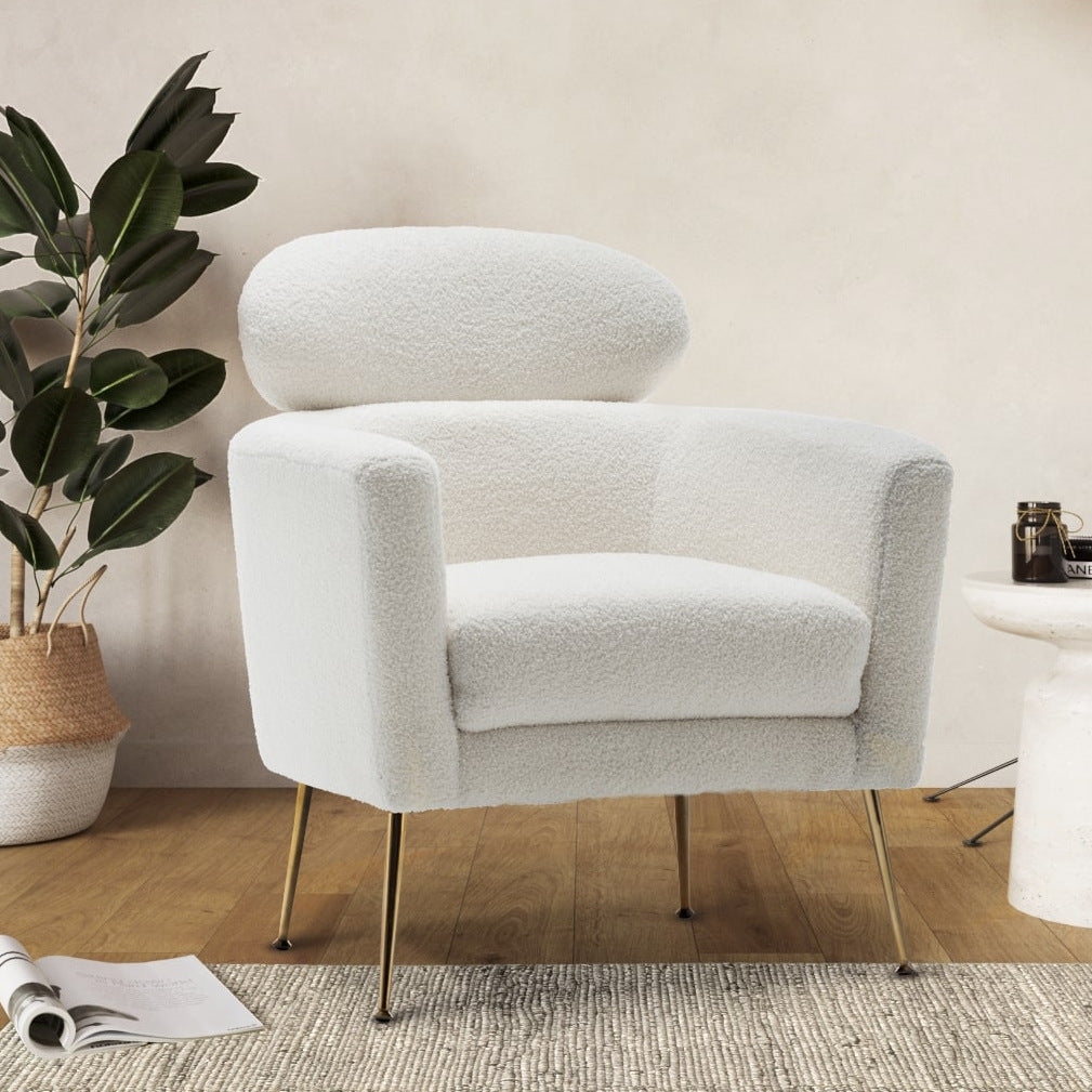 teddy boucle fabric white winnie accent chair luxurious boucle fabric upholstery modern stylish design comfortable supportive seating sturdy gold tone metal legs details 1