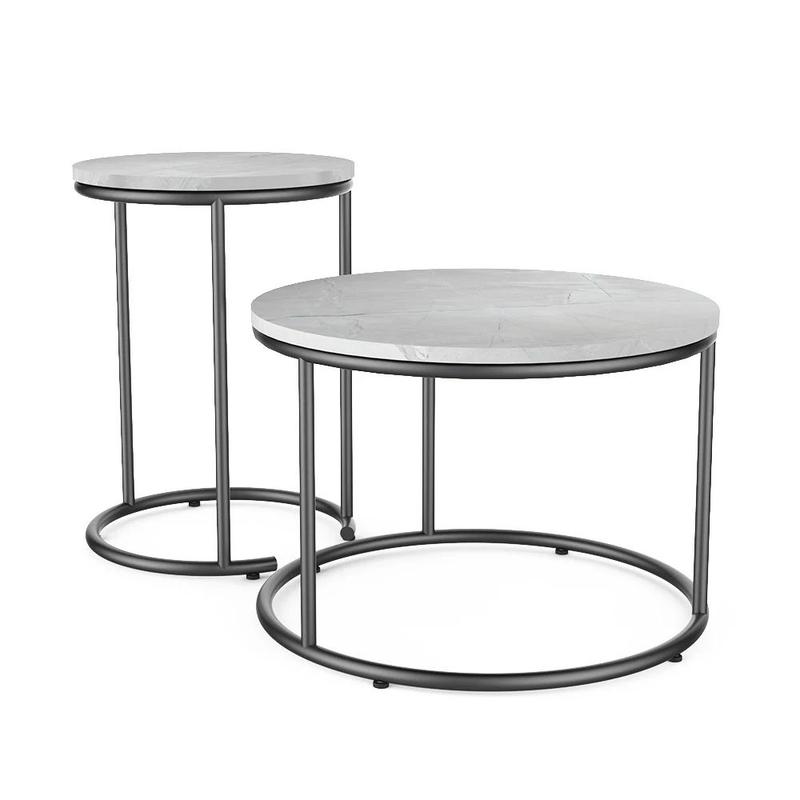 Image of Ottawa Marble White 55 X 55 Cm 2pcs Coffee Table Set 2-part Sofa Table Ensemble Living Room Table Combination Chipboard, 16 Mm