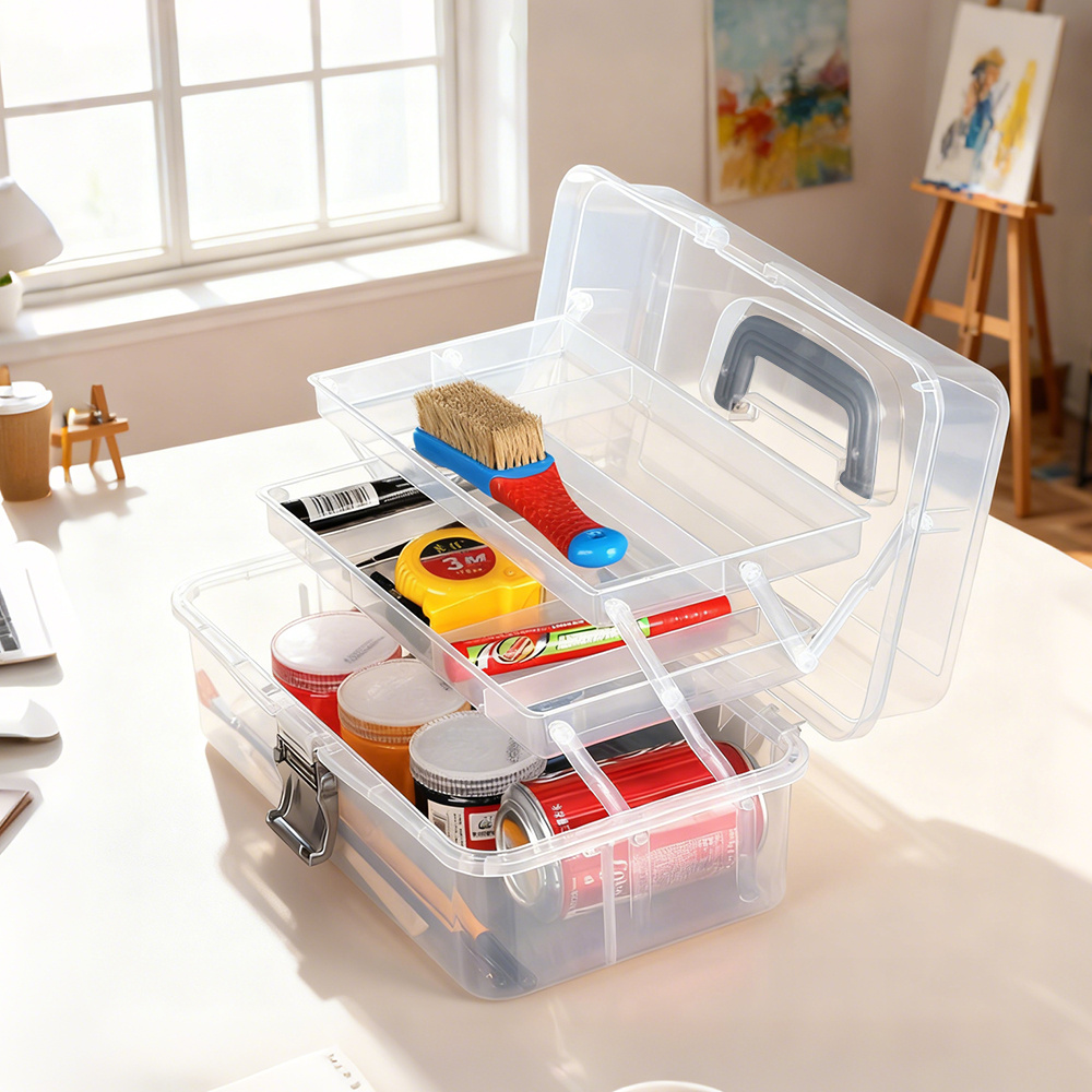 TEMU Transparent Three-layer Multi-compartment Desktop Organizer 32*19*14cm, Portable Plastic Storage Box Suitable For Tool Organization, Practical