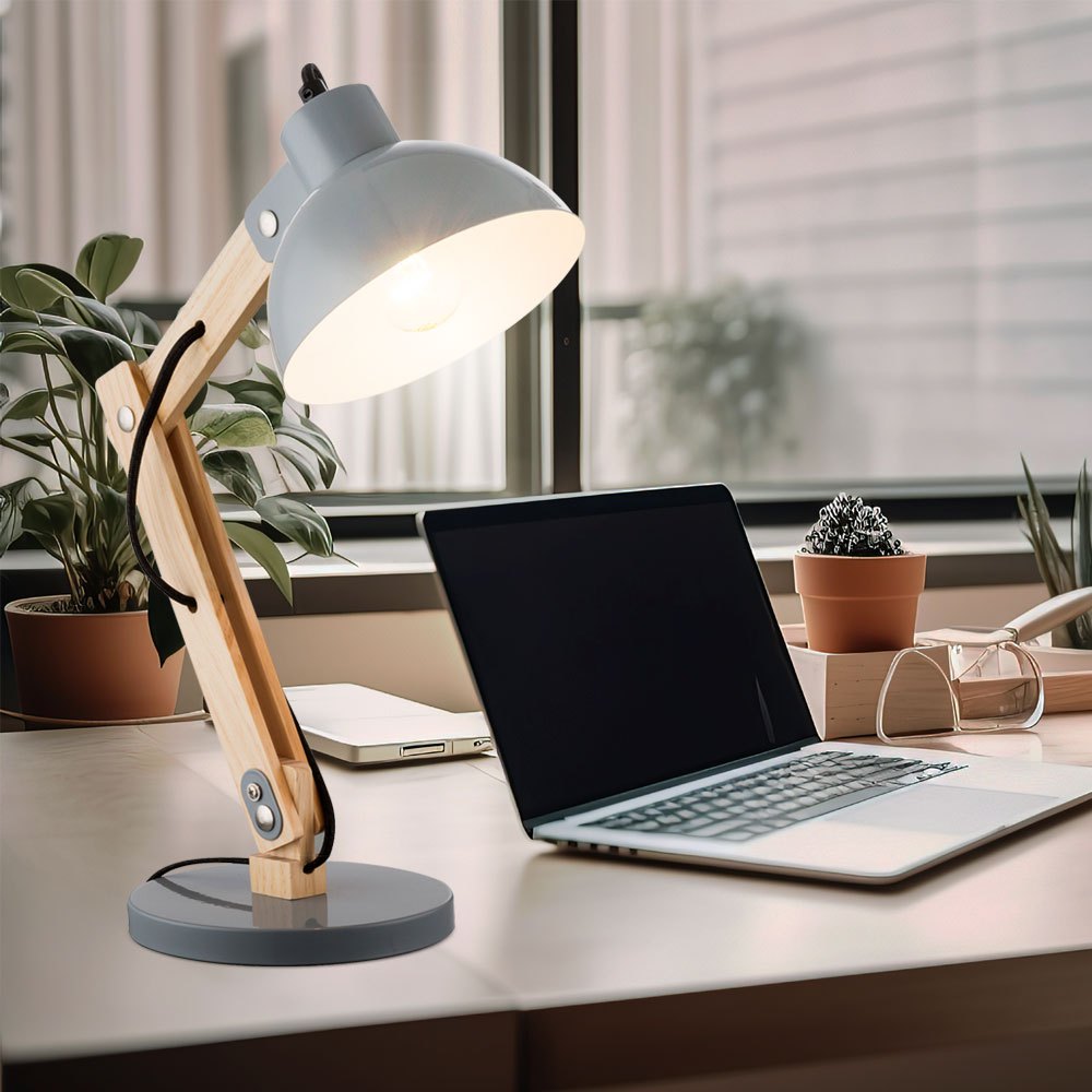 Image of Table Lamp, Desk Lamp, Accent Lamp, Reading Lamp, Desk Lamp, Rustic Wood Natural, Metal Grey, 1x E27 Socket, Lxwxh 31x16x42.5cm