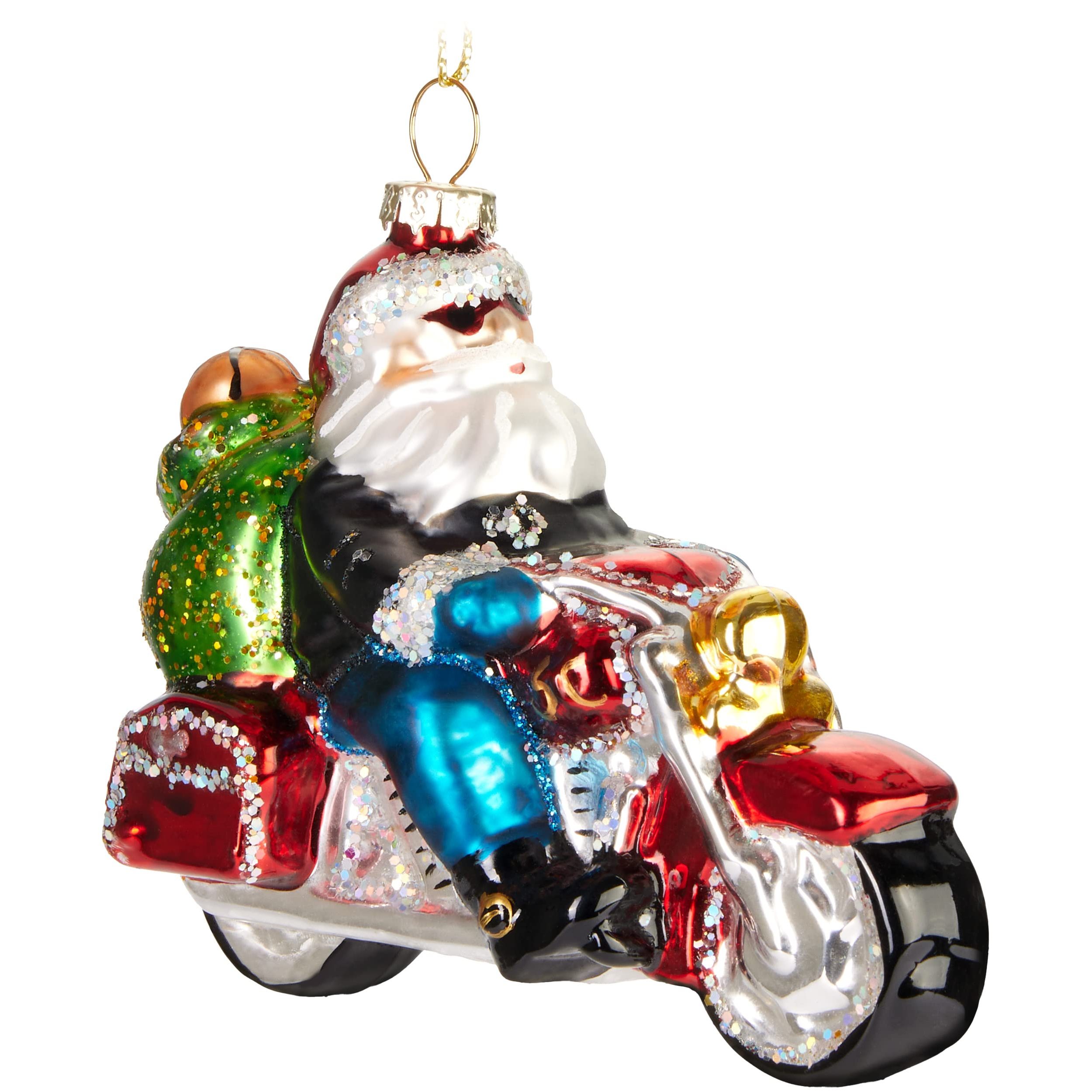 Image of Brubaker Cool Santa On Motorcycle With Sunglasses Glass Christmas Ornament - Hand-painted Funny Christmas Tree Ball Figures - Christmas Decoration Pendant - Decorative Tree Ball