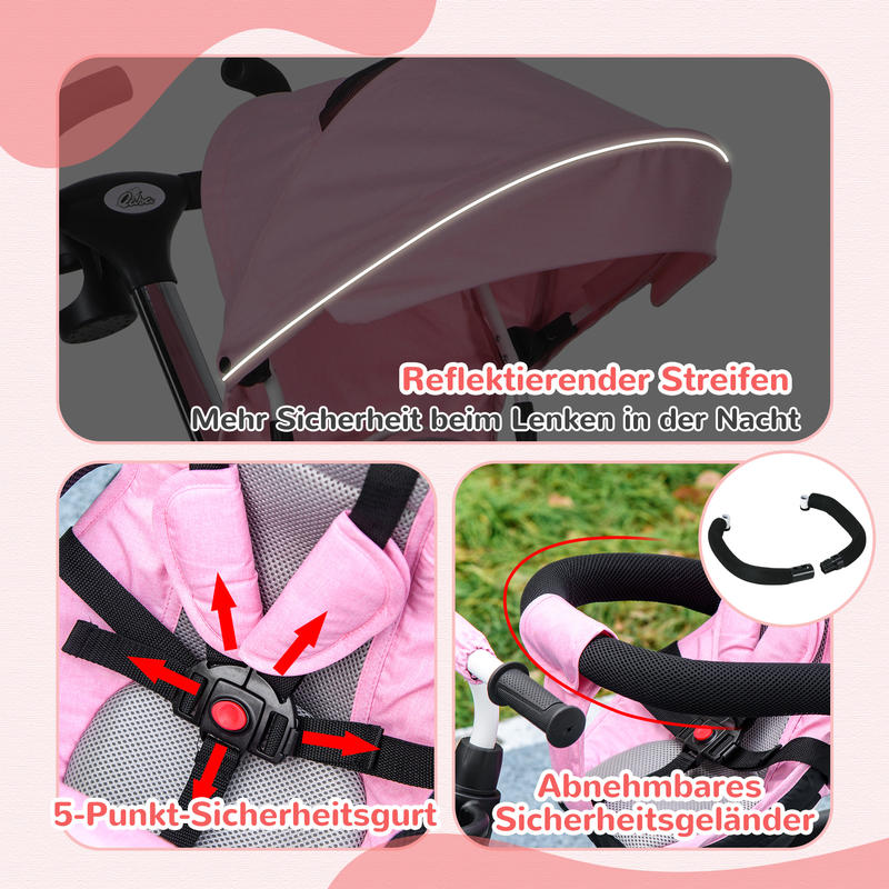 Evolutionaire driewieler 6 in 1, opvouwbare driewieler, stuur, omkeerbaar zitje, 112X50X104Cm, roze