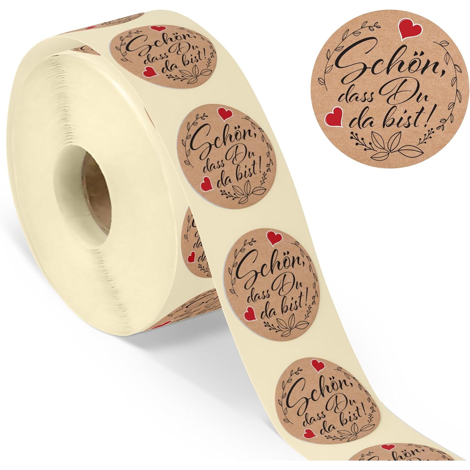 E-shop colortouch Schön, dass du da bist Aufkleber, 500 Stück Rund Sticker auf Rolle, Kraftpapier Optik Selbstklebend Durchmesser Etiketten
