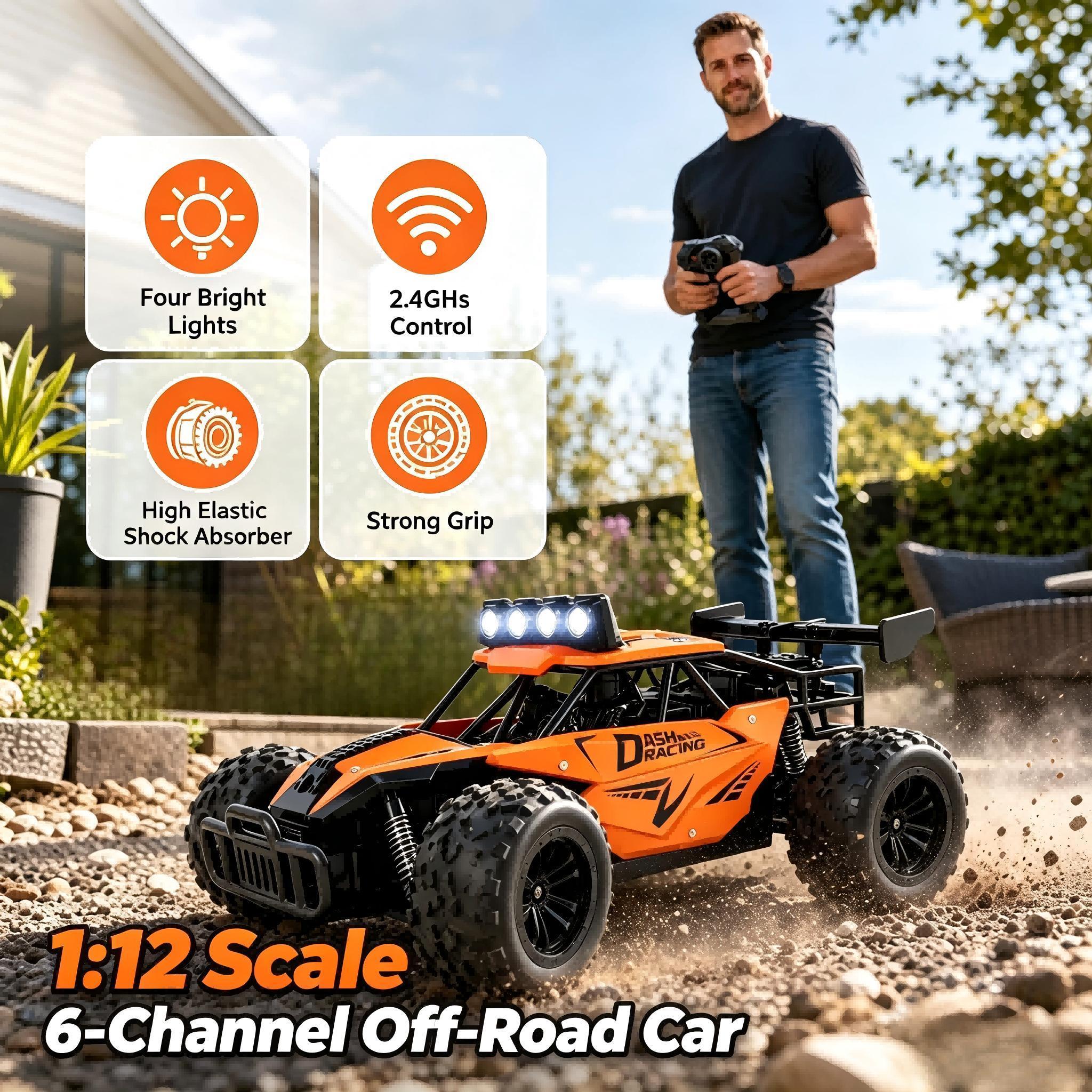 TEMU High Speed Remote Control Off‑road Vehicle, 1/12 Scale 6‑channel Full Proportional Throttle Rc Car With Multicolor Led Lamp, Strong Grip Rubber