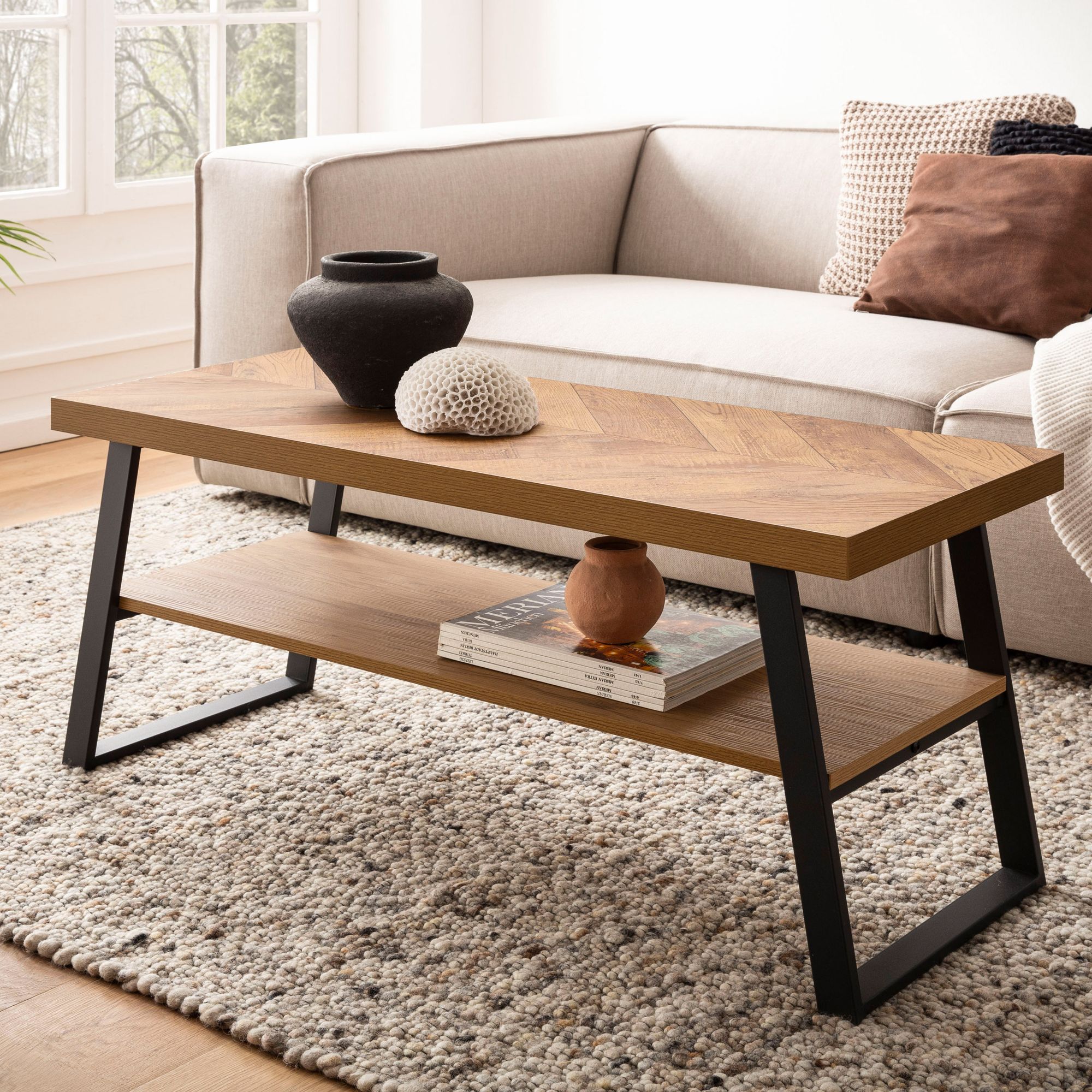 Coffee Table 100x40x41 Cm, Brown Sofa Table With Herringbone Pattern, Rectangular Living Room Design Table, Modern Lounge Table With Shelf, Coffee Table With Metal Frame