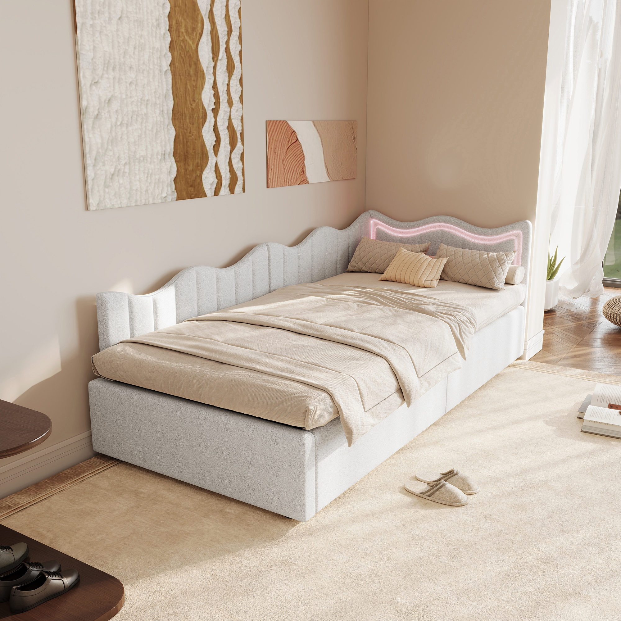 2-in-1 Single Bed Frame, Extendable Sofa Bed, 90/180 X 200 Cm, Multifunctional, White + Velvet. Mattress Not Included. Gagaxagsag