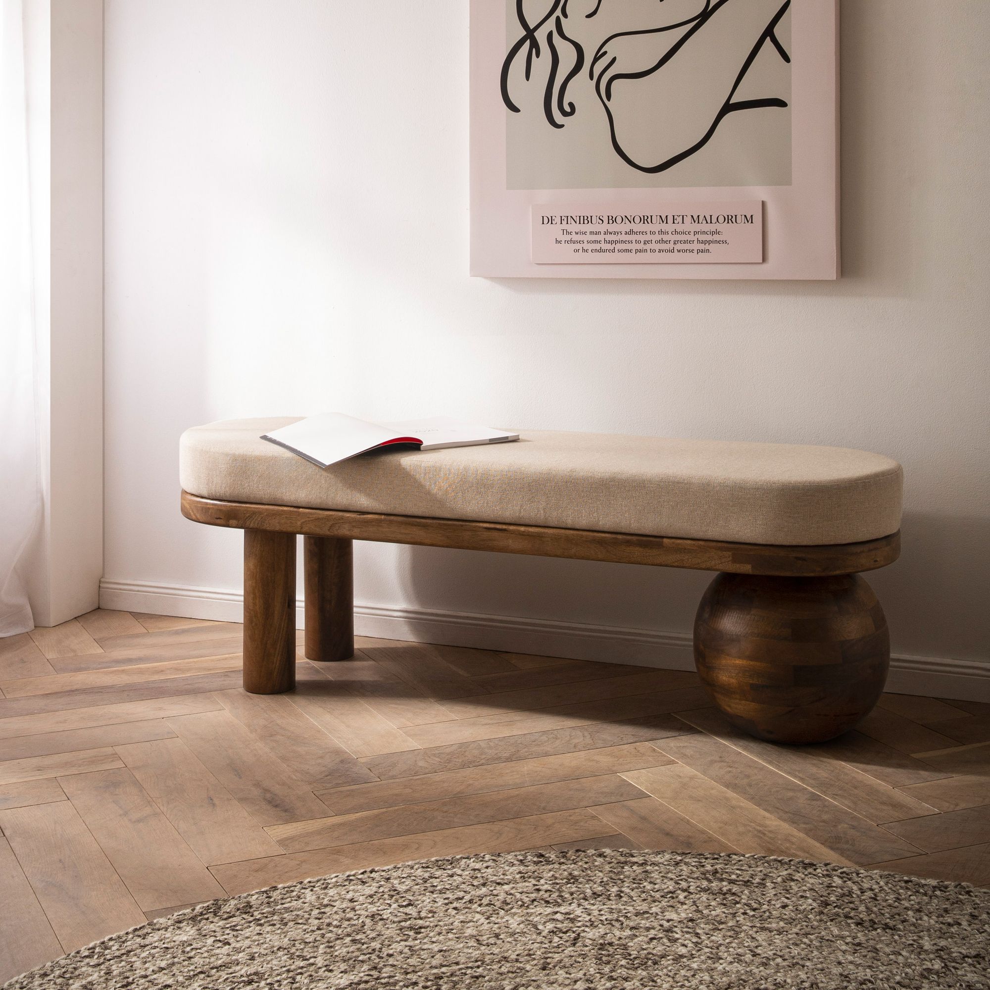 Image of Mango Solid Wood Fabric Bench 140x47.5x41.5 Cm, Modern, Unique Hallway Upholstered Bench, Padded Fabric Bench In Beige, Small Bed Bench, Hallway Bench