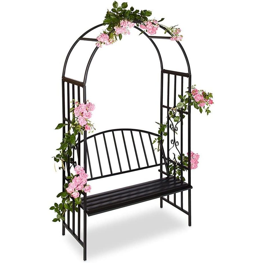 Image of Bakaji 2-seater Bench With Garden Arch For Climbing Plants, Metal Pergola Trellis For Roses And Plants, Black, (115 X 50 X 205 Cm)