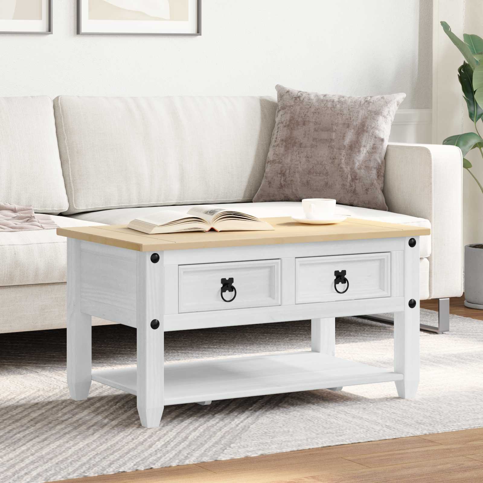 Vidaxl Coffee Table White 85 X 50 X Solid Pine Wood, Living Room, Rectangular, Rustic, Durable, Wood Grain, Storage Space, , For Room, Stylish Combination