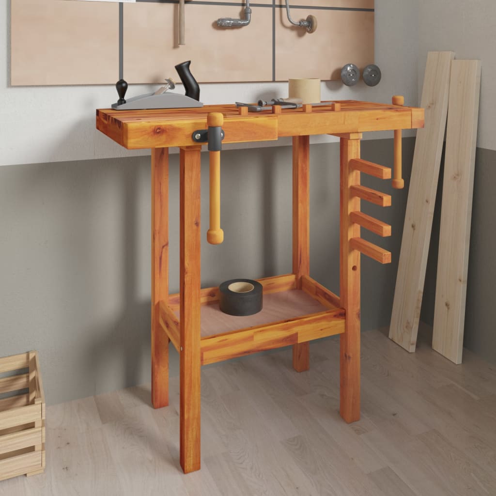 Vidaxl Workbench, Work Table With Vices, Workbench For Garage, Workshop, Shed, Tool Table, Workshop Table, Solid Acacia Wood