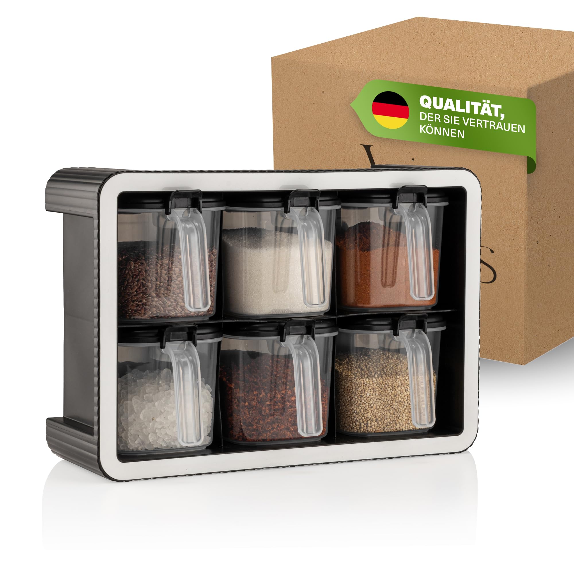 E-shop Viwares Gewürzdosen 6er Set mit Wandhalterung und Löffeln, Luftdicht, BPA- & Transparent