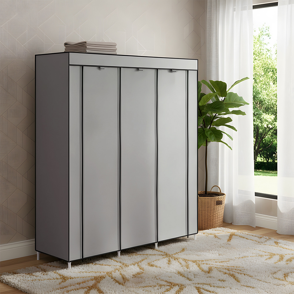 TEMU Foldable Wardrobe Non-woven Fabric Clothes Closet With 3 Zipped Doors, 8 Compartments Storage, 2 Hanging Rods Shelf Cabinet With 2 Side Pockets,