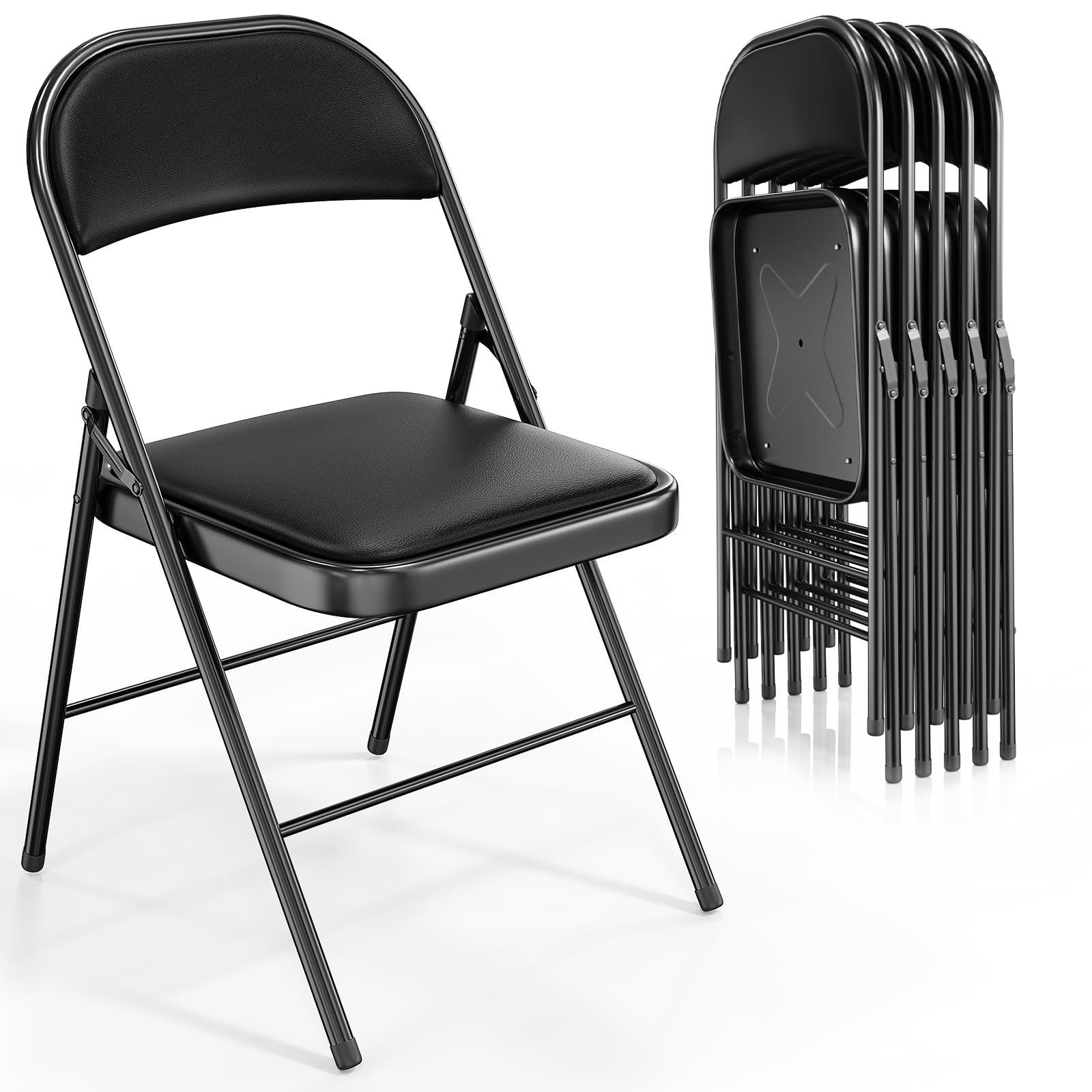 TEMU Lot de 6 chaises pliables à assise PU, empilables et transportables, structure en fer, charge max. 158 kg, pour maison, bureau, événements et