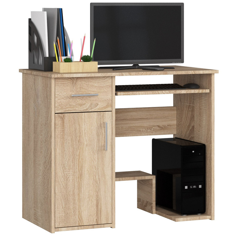 Image of Akord Jay Computer Desk, 90 Cm, 1 Door, 1 Drawer, 3 Shelves, 90x50x74 Cm