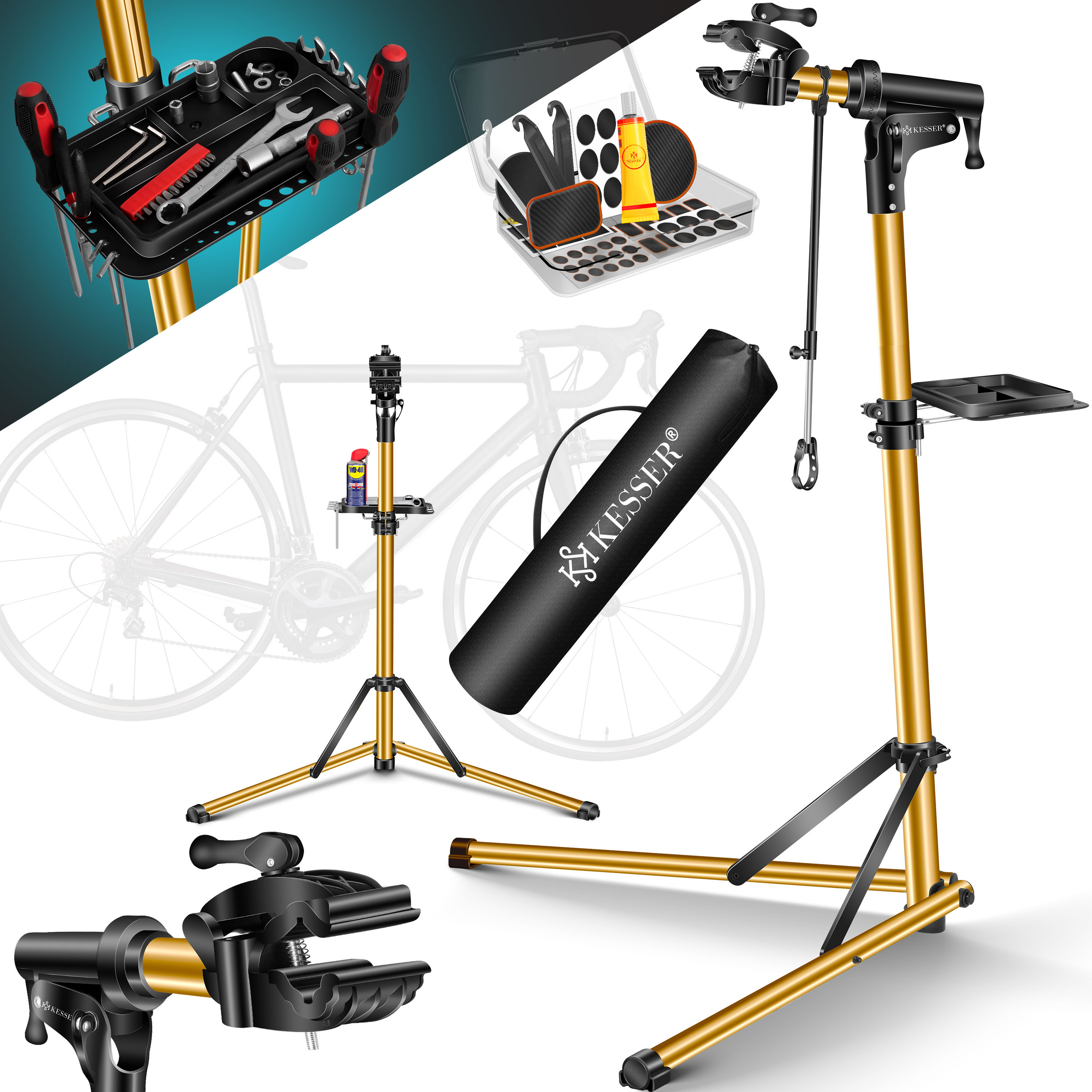 Image of Bike Repair Stand 50kg Capacity, 360â° Rotatable Height Adjustable Bicycle Maintenance Rack With Tool Tray, Carry Bag &
