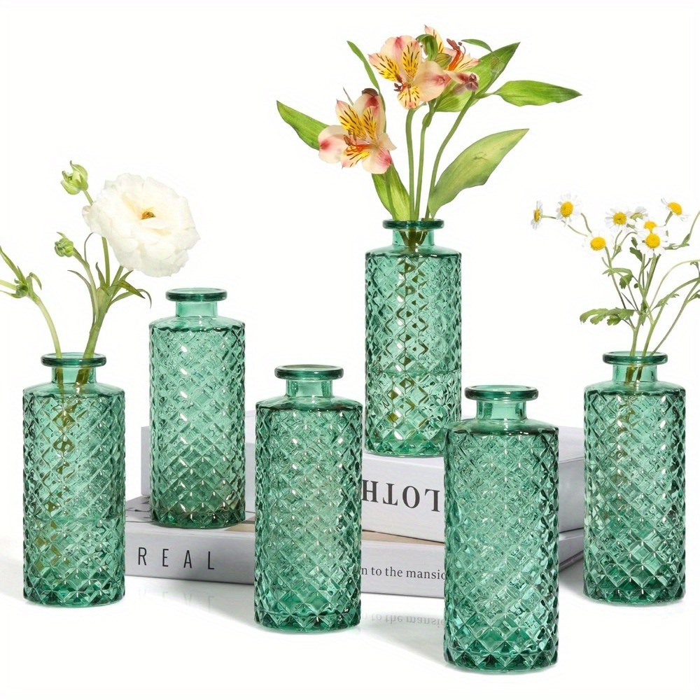 E-shop Glas Knospenvasen Set von 6, Kleine Diamant Knospenvasen im Großhandel, Mini Blumenvasen für Tafelaufsätze, Vintage Flasche für