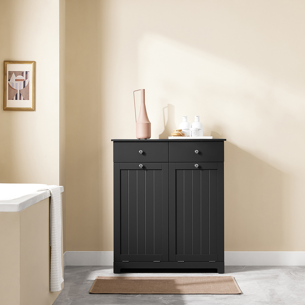 Image of Storage Space In The Bathroom Bathroom Cabinet With Laundry Stand - Space- Bathroom Cabinet With 2 Drawers And 2 Pull-out Pockets - Laundry Cabinet For Entrance Or Of, Black, 78x38x90cm