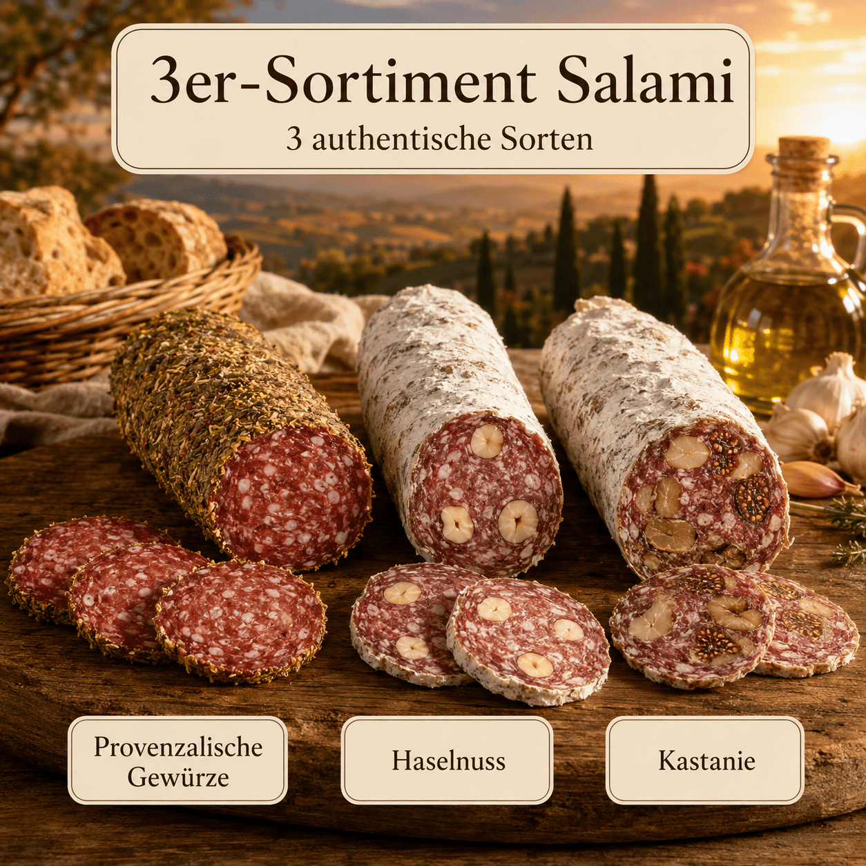 Image of 3-piece Salami Assortment - Flavors: Provençal Spices, Hazelnuts And Chestnuts, Figs And Nuts ◈ 100% French Salami ◈ Natural Casings And Hand-tied ◈ Artisanal Production By Chillet House Since 1902