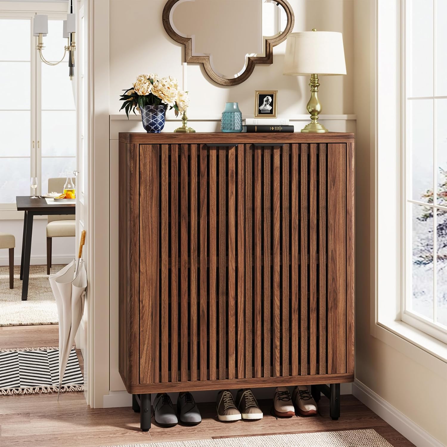 Image of -tier Shoe Cabinet With Shutter Doors, Farmhouse Large Wooden Shoe Organizer Rack With Adjustable Shelves, Modern Hidden Storage Furniture For Entryway, Hallway (walnut)