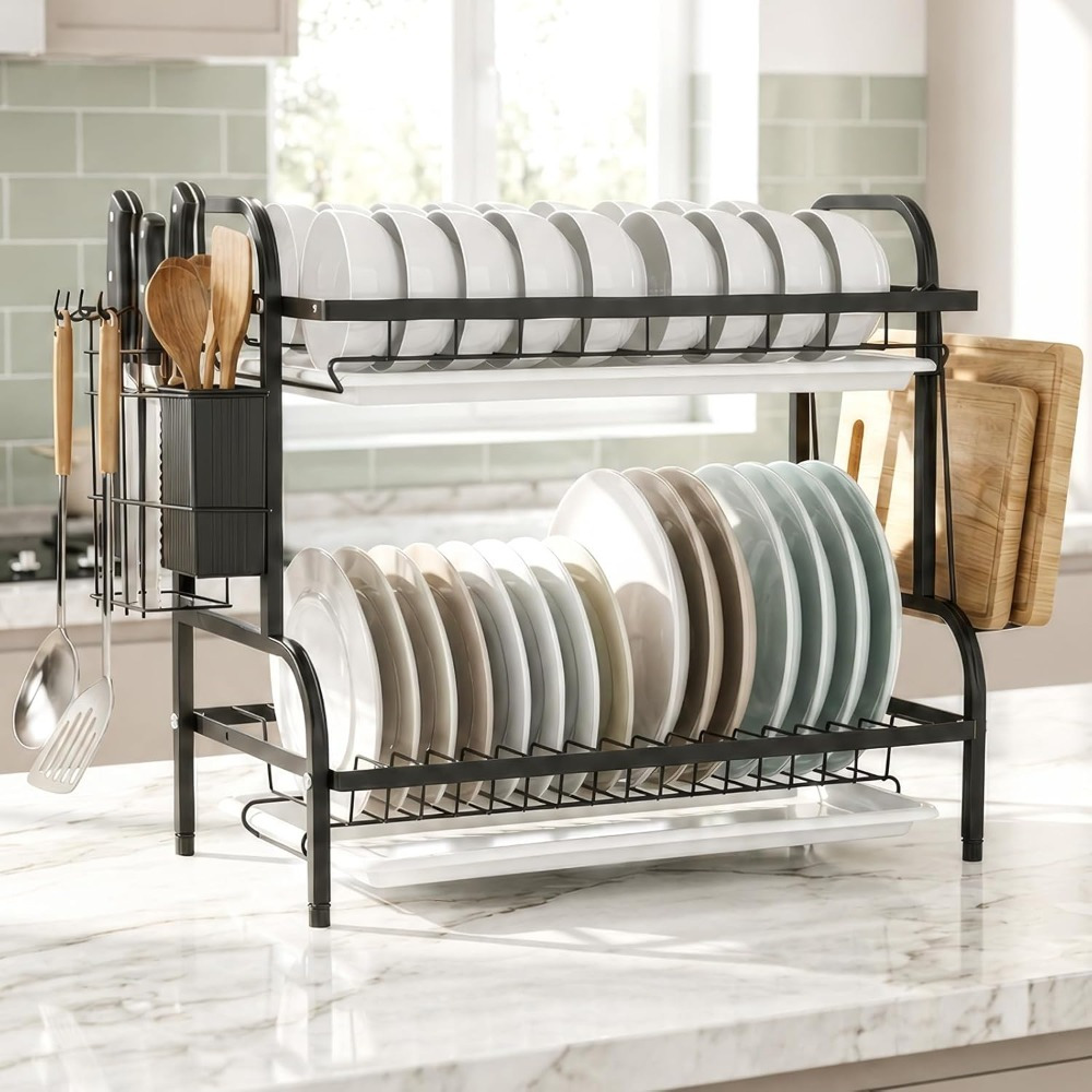 Drying Rack, 2-tier Dish Rack With Drain Tray And Utensil Holder, Space-, Large Capacity, Sink Organizer