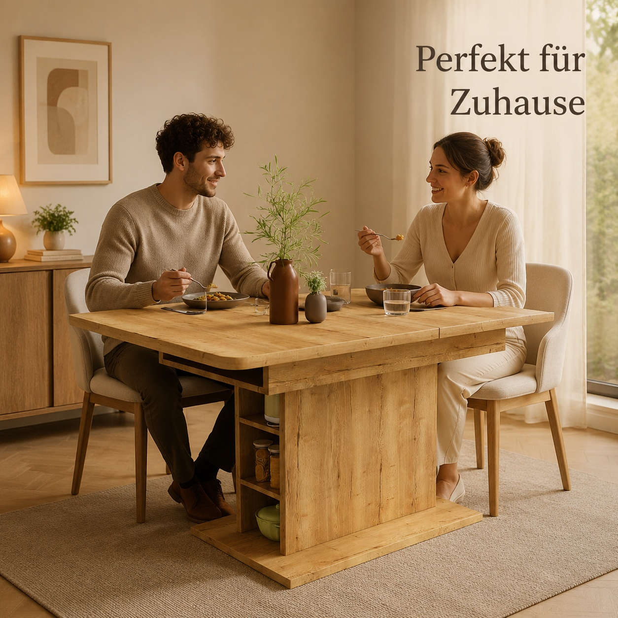 Image of /130*w70*h75 Extendable Dining Table In Natural Wood Look, Imitation Stone Top With Storage Compartments For Kitchen, Living Room, Café
