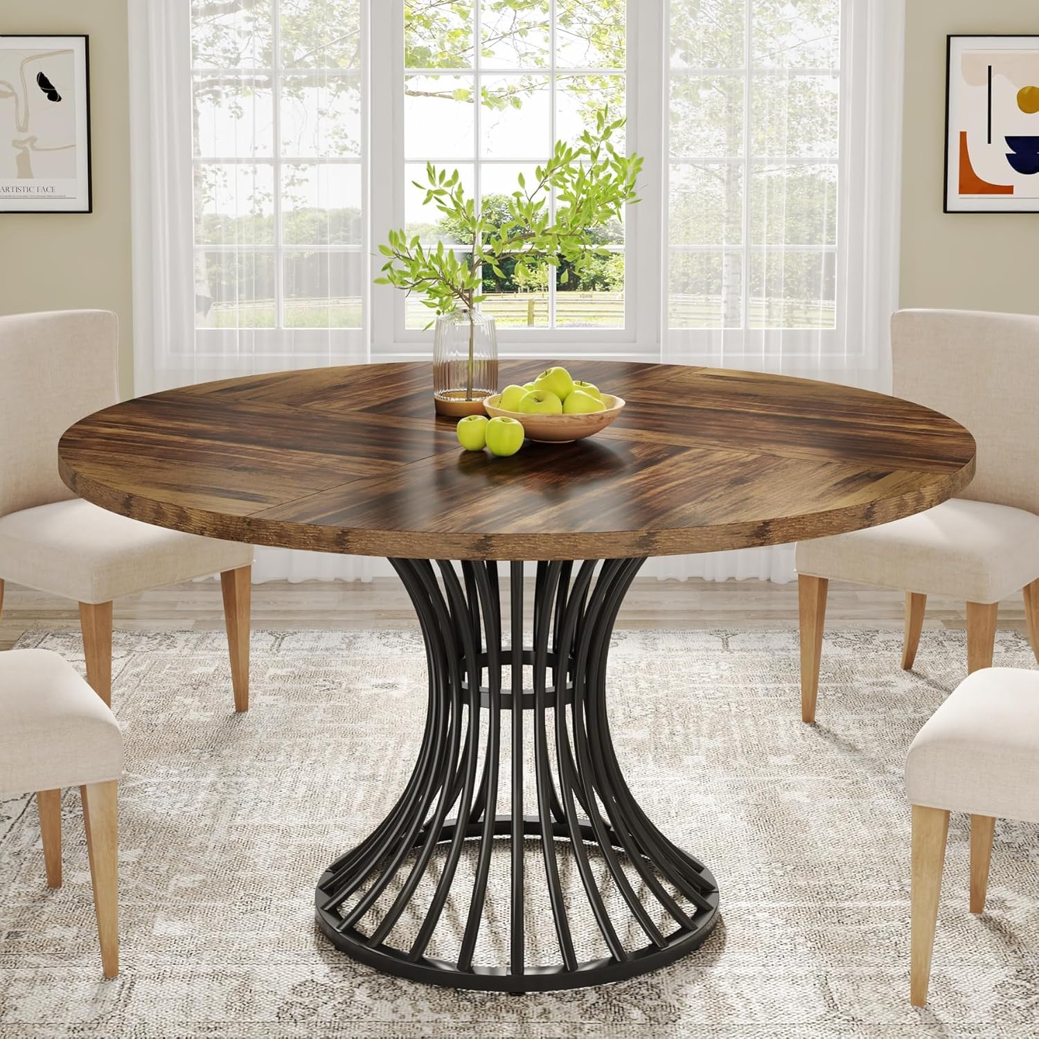 120cm Round Farmhouse Dining Table For 4-6 People, Industrial Kitchen Table With Metal Legs For Room In Black And Brown.