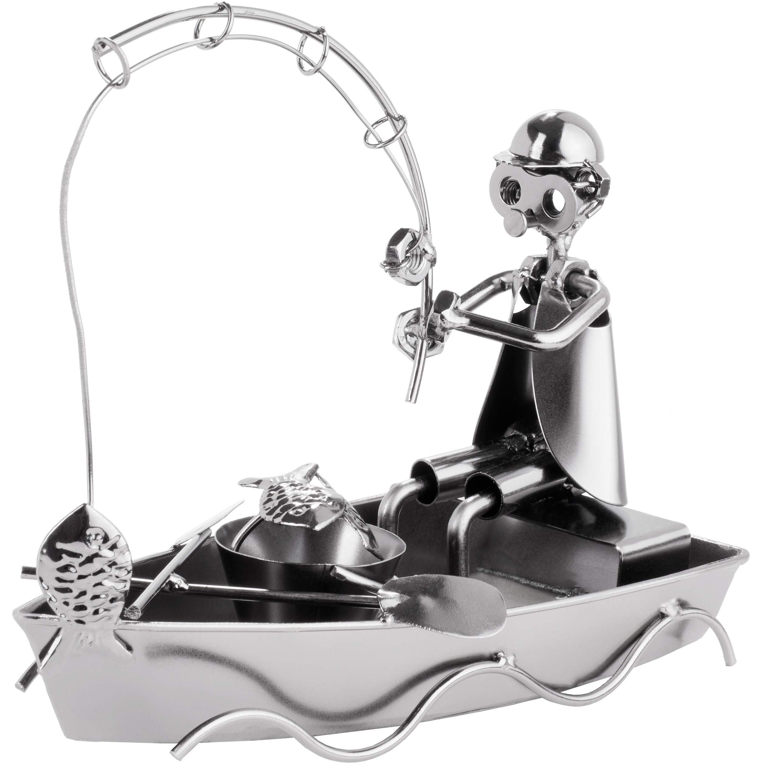 Image of Brubaker Screw-in Angler In Boat - Handcrafted Iron Figurine Metal Man Fishing - Metal Figurine Gift Idea For And