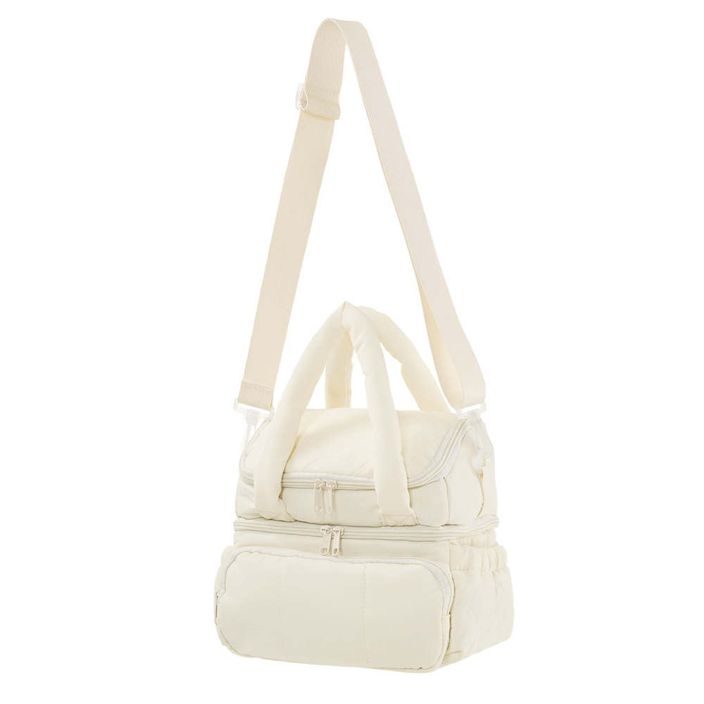 Beige Double Layer Insulated Lunch Bag with Adjustable Shoulder Strap