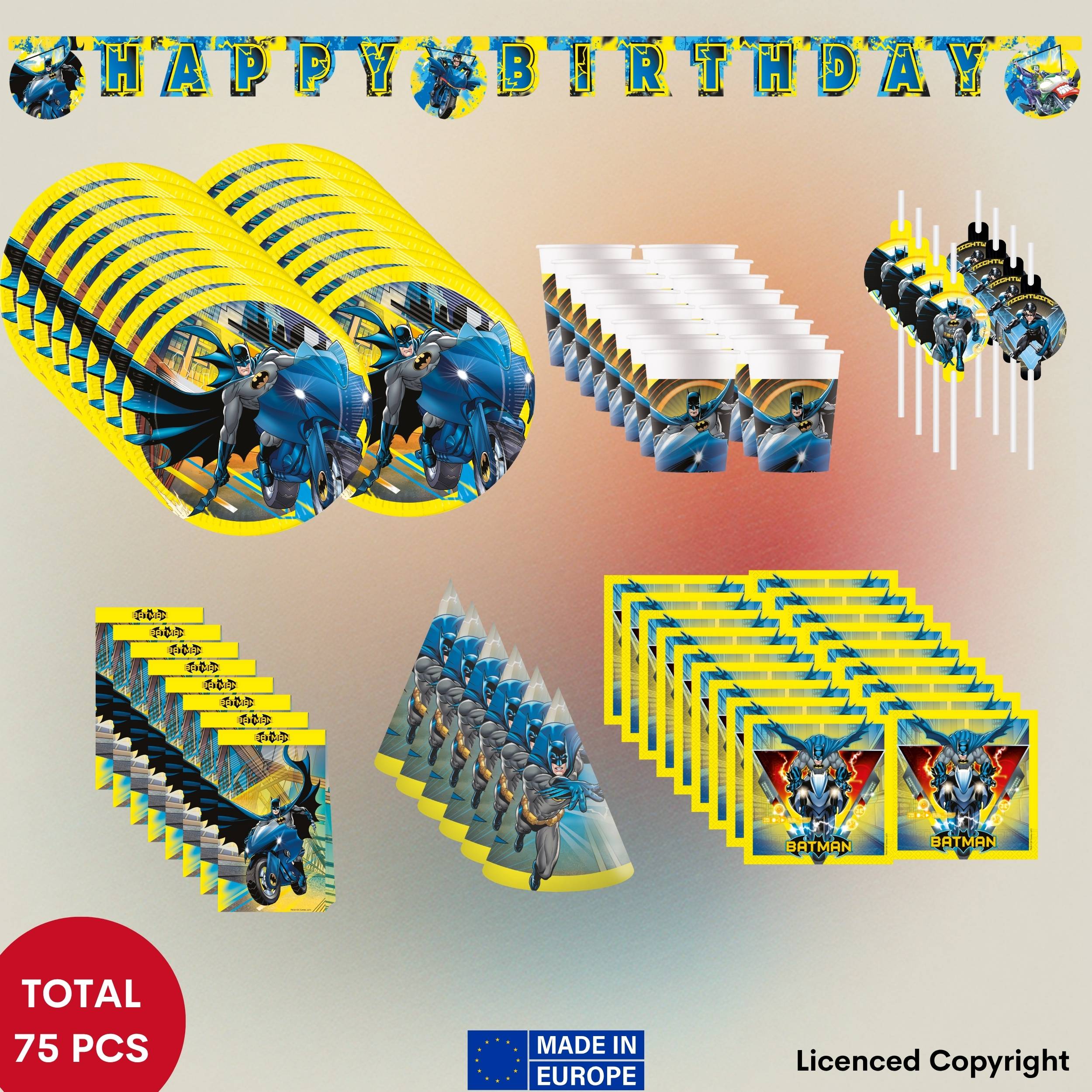 TEMU 75-teiliges Batman Rogue Rage Party Set für Kindergeburtstag, Superhelden-Motto & Jungenparty – Komplettes Set mit 16 Papptellern Ø23 cm, 16