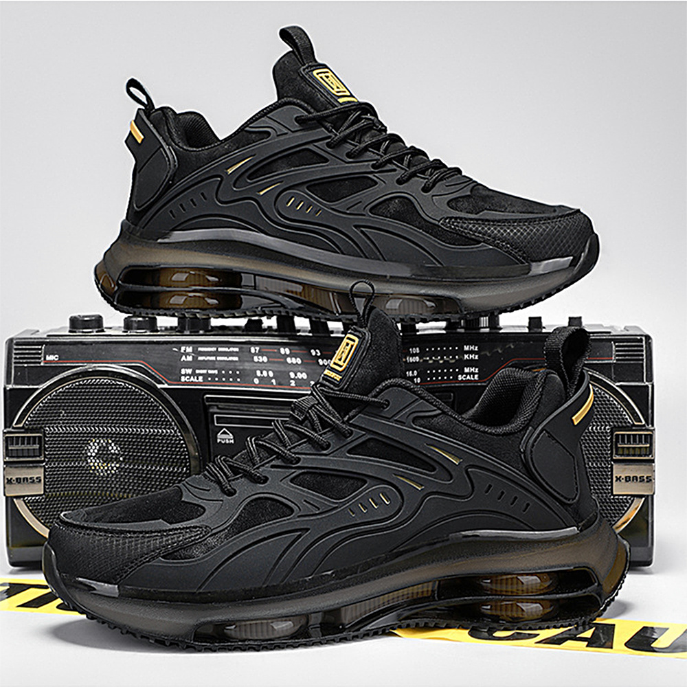 TEMU Men's Fashion Low-top Sneakers - Black With Yellow Accents, Breathable Fabric Upper, Cushioned Rubber Sole, Lace-up Casual Shoes, Suitable For