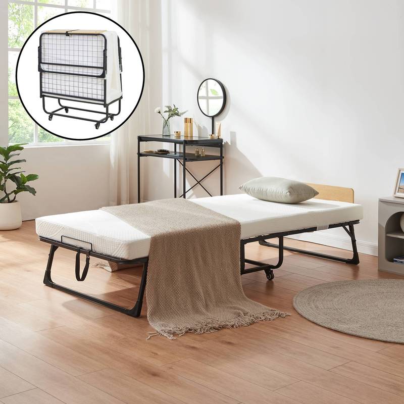 Foldable Metal Bed 'lustendi' With Bed Cusion 200 X 90 Cm, Rollable, Max. 150 Kg, Black / Oak Finish