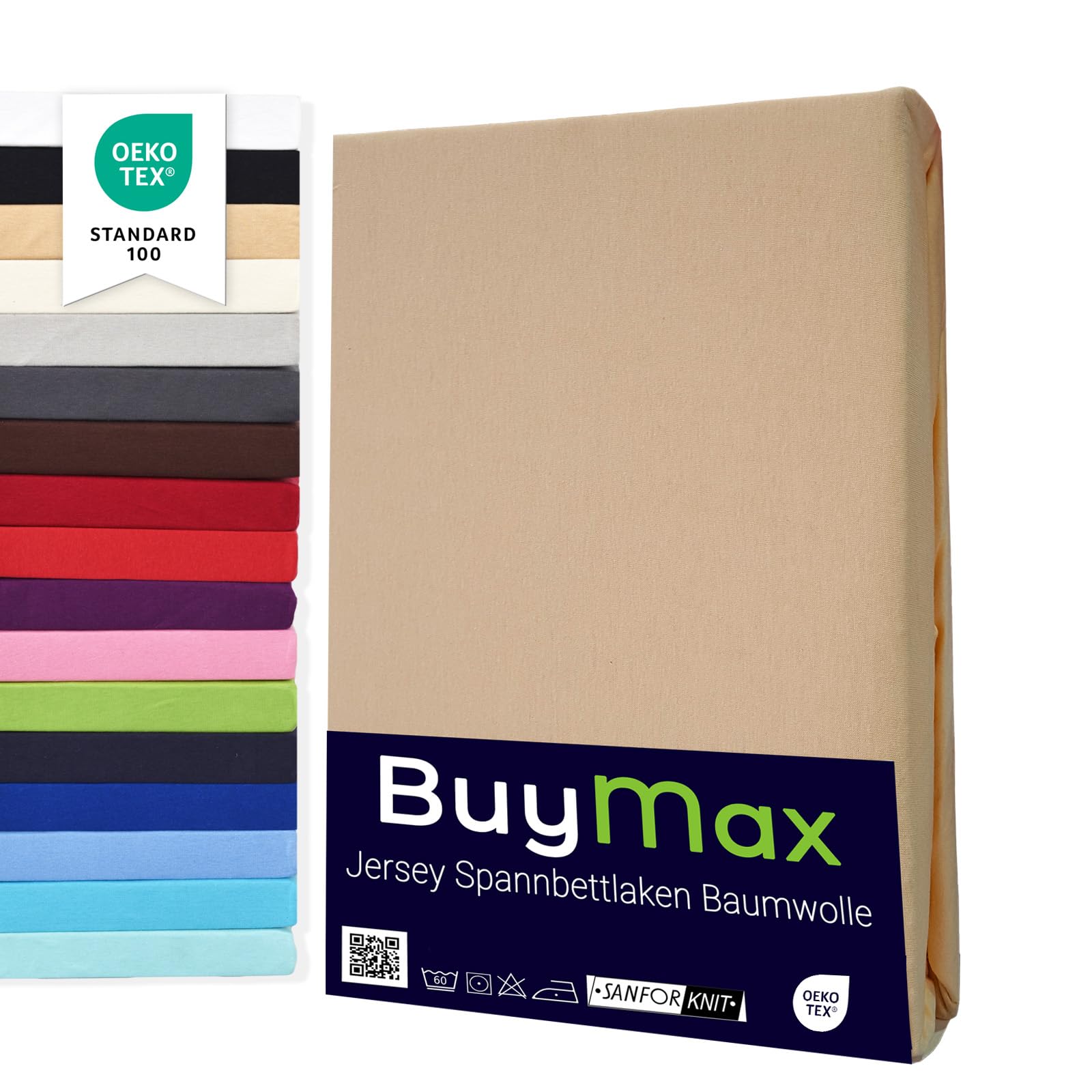 Buymax® 100% Cotton Fitted Sheet, Jersey Fitted Bed Sheet, Fits Mattresses Up To 25 Cm Thick, 144