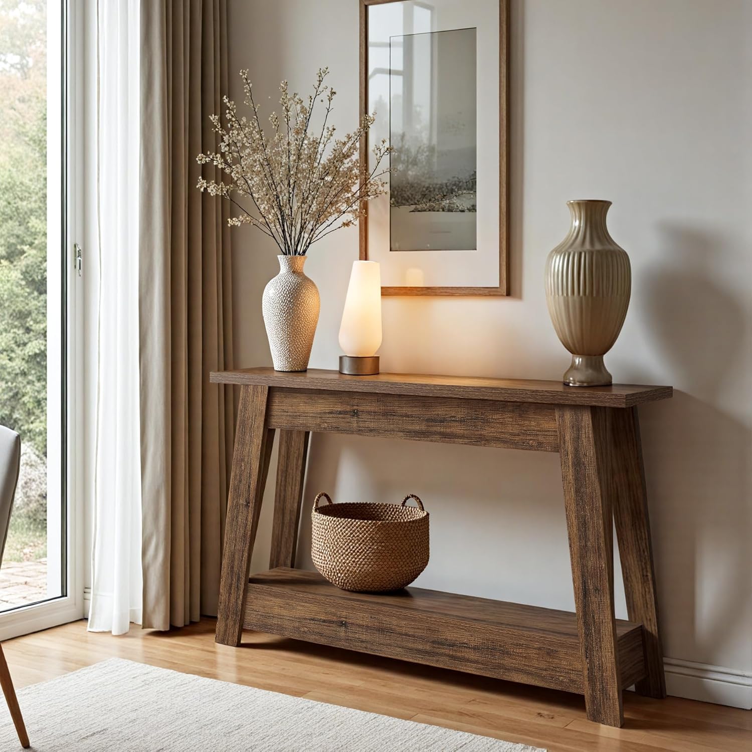 E-shop 105 cm Bauernhaus-Konsoletisch, 2-stufiger Eingangstisch mit Stauraum, rustikaler schmaler Tisch hinter der Couch für Wohnzimmer, Flur, Foyer,