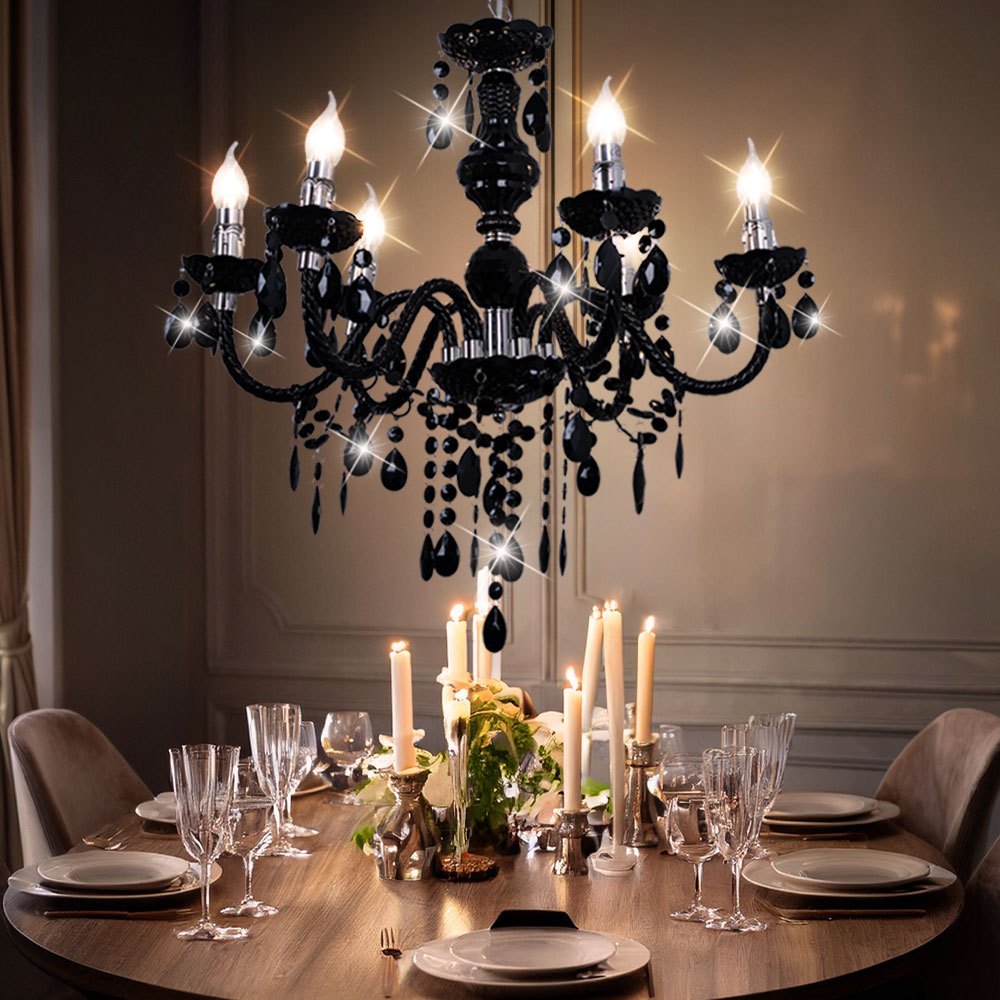 Image of Crown Chandelier Metal Hanging Lamp Bedroom Chrome Chandelier Pendant Lamp 5 Flames Chrome, Acrylic Decor Black, 6x E14, Dxh 57x166cm