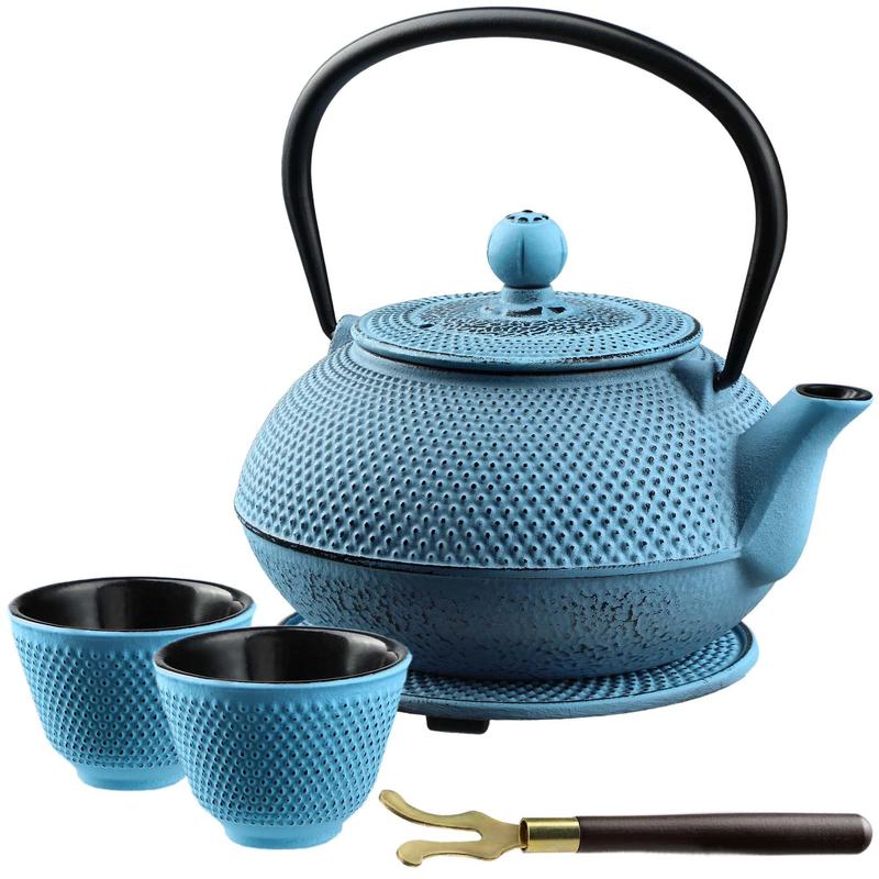 TEMU Kadax Herbal Tea Infuser Cast Iron Teapot 850ml Pitcher Blue Cups