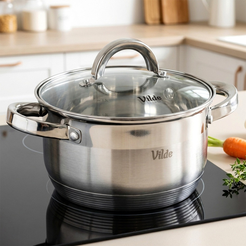 TEMU Stainless Steel Inoxcellent Pot 18 Cm, 2.5 L With A Glass Lid, Resistant To High Temperatures, Ideal For Cooking, And Baking Dishes, With An