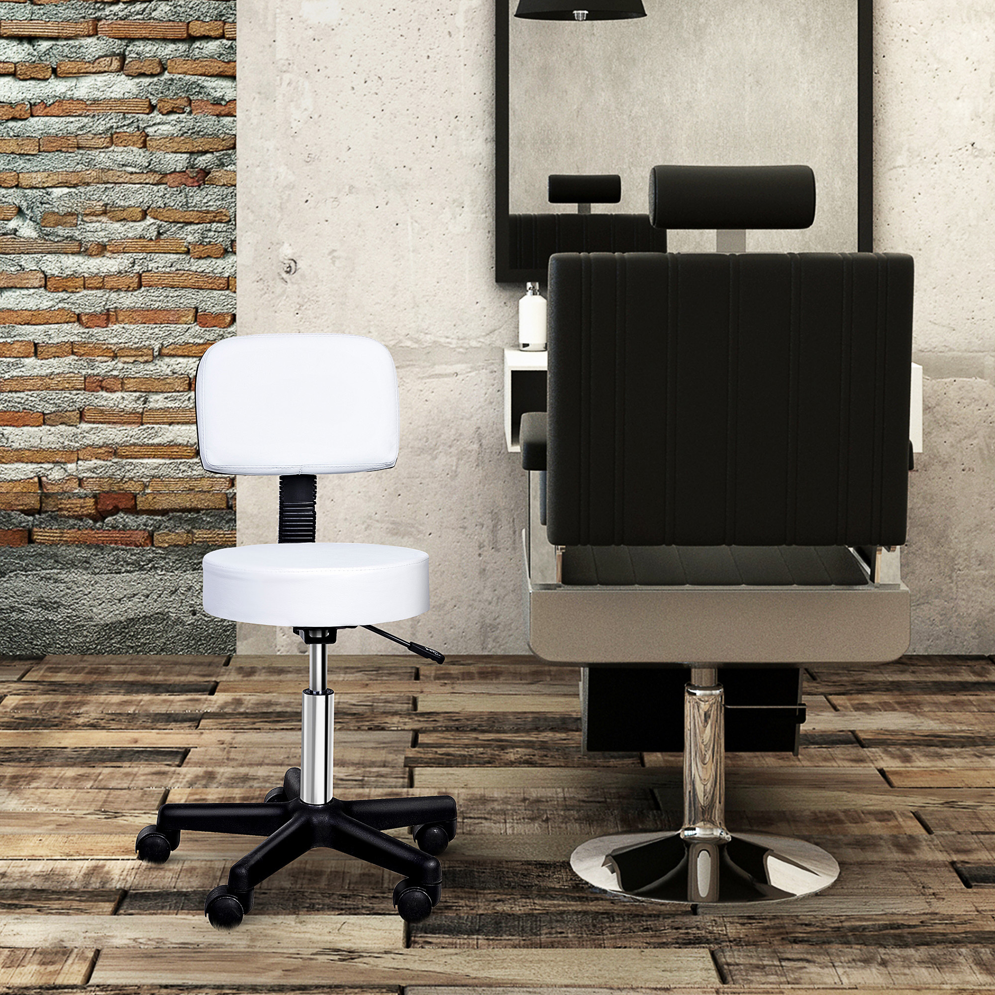 Image of Adjustable Rolling Stool With Backrest, Swivel Salon Stool For Therapy Office Leather White 35 X 35 X 72-84 Cm
