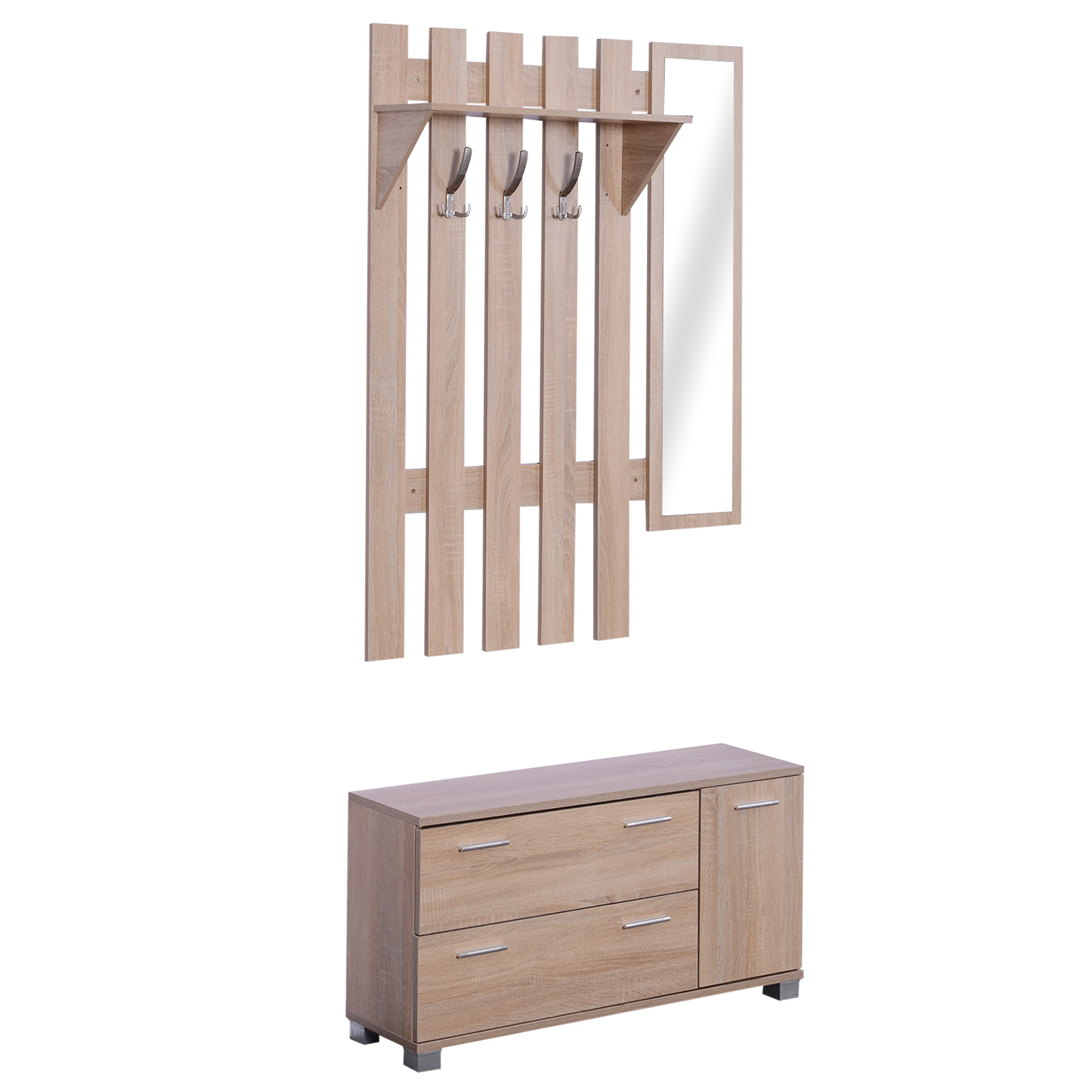 Image of Homcom 3 In 1 Entryway Furniture Set Hallway Set 3pcs Coat Rack Mirror Shoe Bench 2 Drawer Oak Color