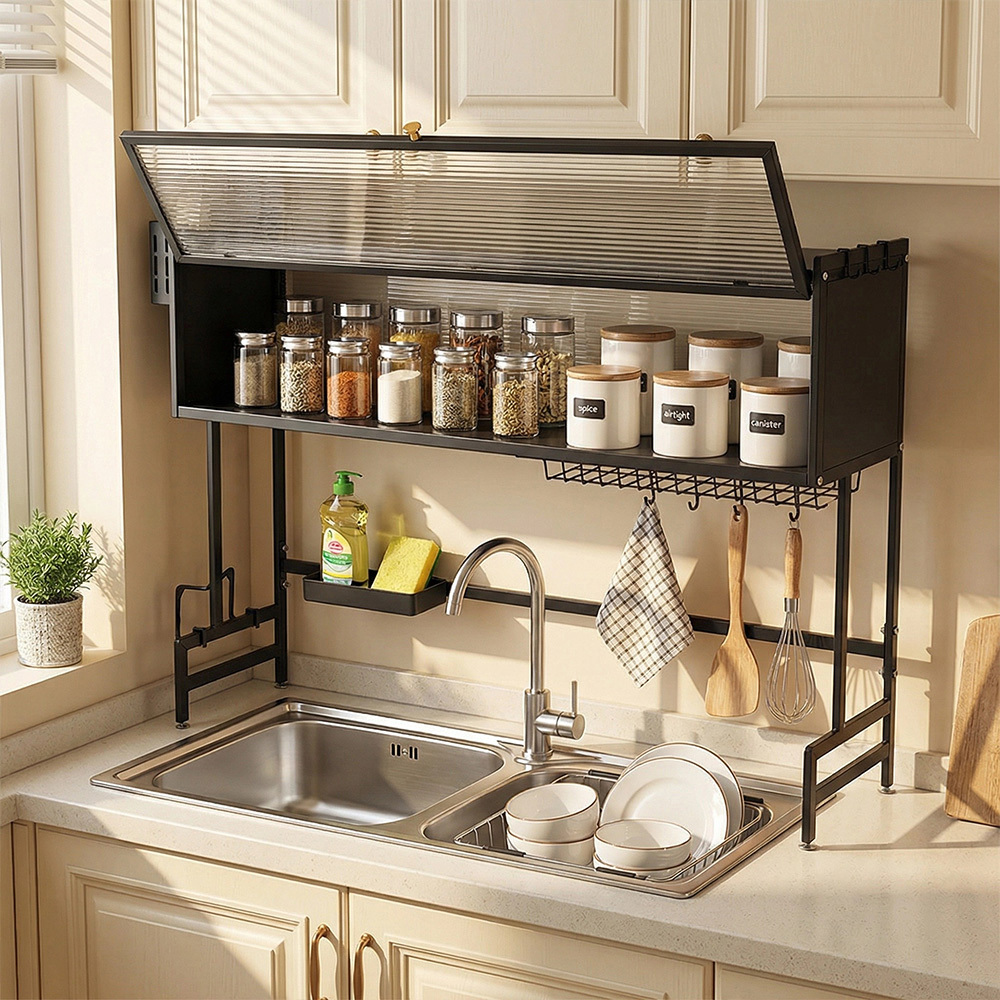 TEMU Large-capacity Sink With Lid And Overhead Cutlery Drying Rack; Multi-functional Kitchen Flatware Storage Rack – Featuring A Cutlery Rack,