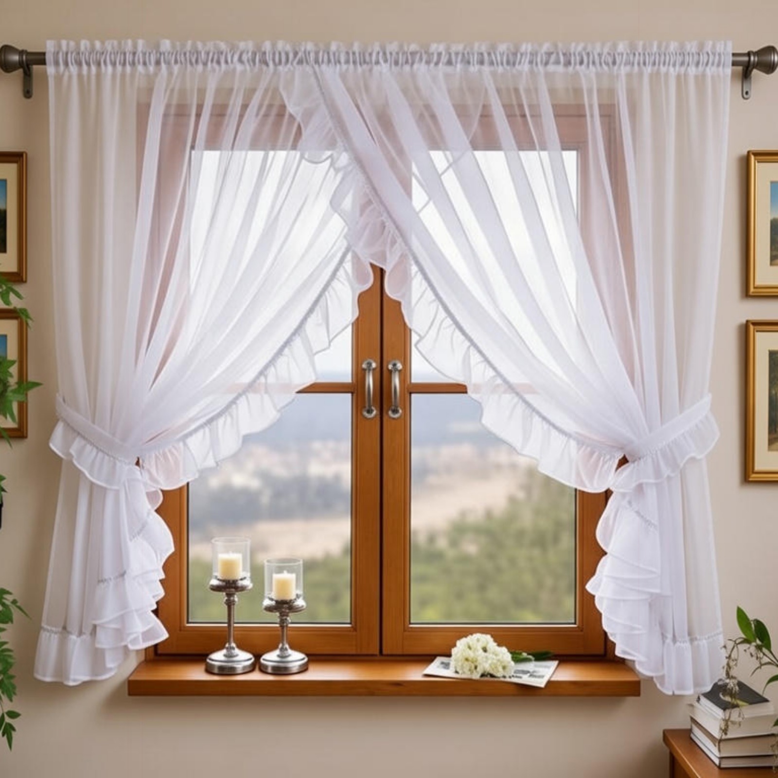 Image of 1pc Semi-transparent Lace Curtain With Edge, 2 Tiebacks, 300x160cm/400x160cm, European , Sheer Drapes For Living Room, Hallway & Bay Window Decoration
