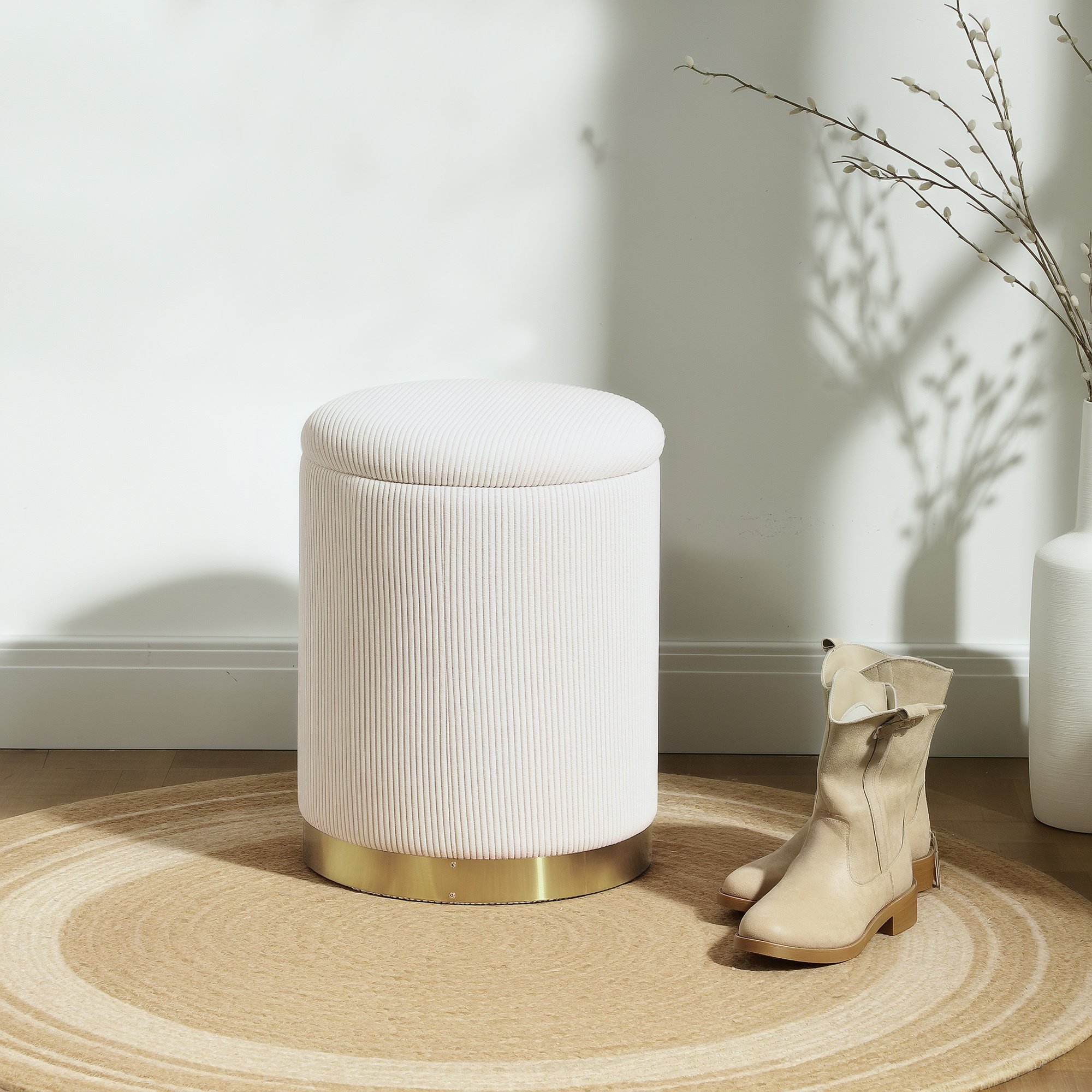 Storage Stool With Lid, , Round Footstool, Upholstered Stool With Foot Pads, Corduroy Look, 36 X 36 X 44 Cm, Cream White