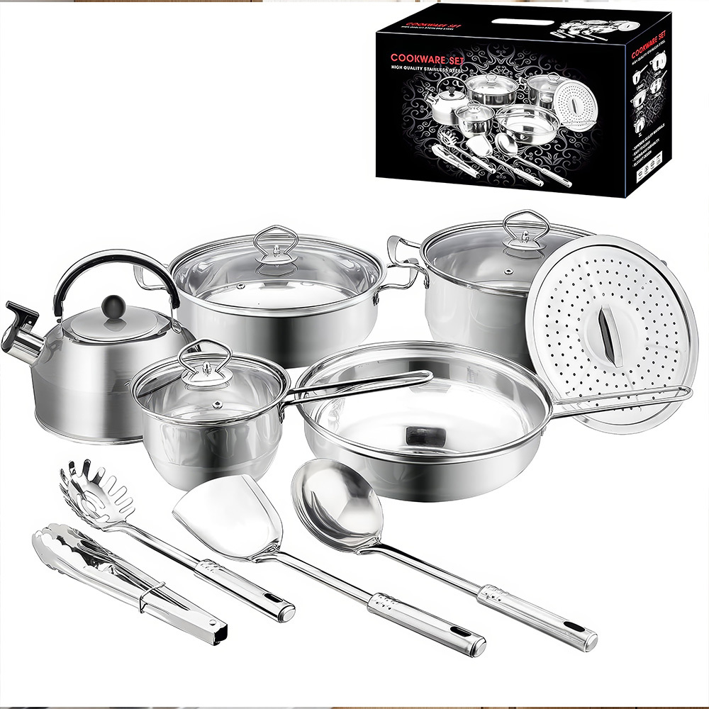 TEMU Stainless Steel Cookware Set With Glass Lids, Cooking Utensil Set Includes Sauce Pan, Steamer, Hot Pot, Frying Pan, Kettle, Spatula, Ladle, And