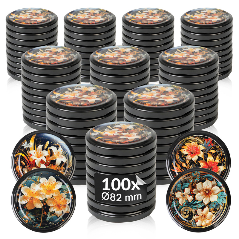10/50/100 Pcs. Jar Lids Ø 82 Mm, Mixed Pattern Gold Flowers - 6-clip Lids For Jars And Canning - Perfect For Canning And Pasteurization