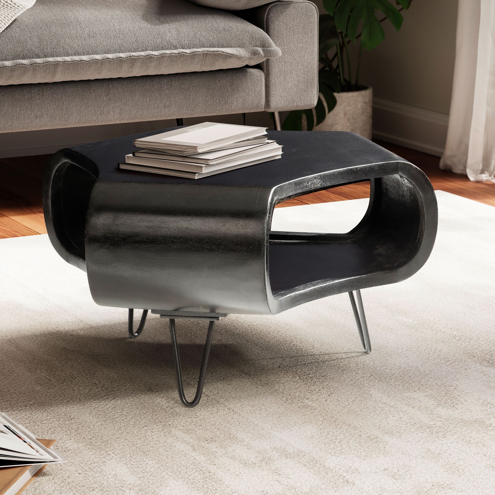 Image of Coffee Table 60x60x35 Cm Solid Mango Wood With Black Metal,design Living Room Table With Storage, Solid Wood Coffee Table, Small Living Room Table With Hairpin Legs
