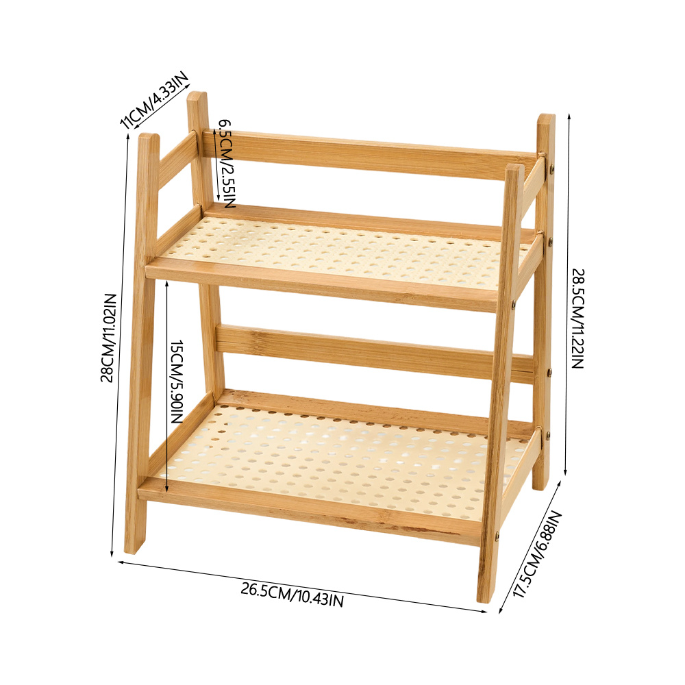 TEMU 1pc Bamboo Double-layer Storage Shelf, Trapezoidal Rack, Bohemian Style, Multi-functional Kitchen Storage Rack, Home Shoe Rack Laundry Room