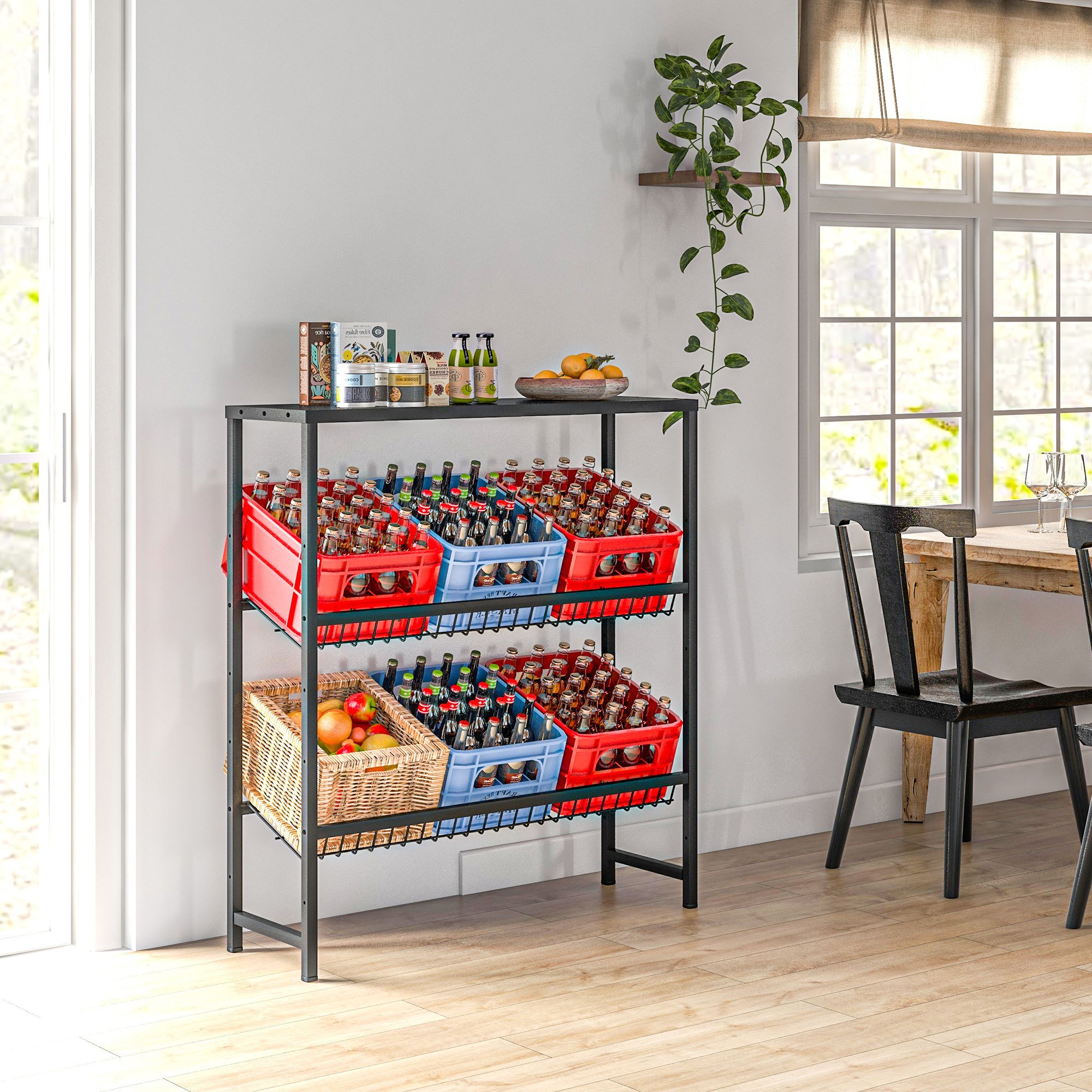 Beverage Crate Shelf For 6 Crates, Beverage Crate Holder With 3 Levels, Steel Grid Holder, Beverage Crate Stand, Bottle Crate Shelf Up To 210 Kg For Beer, Fruit, Vegetables, Water, Black.